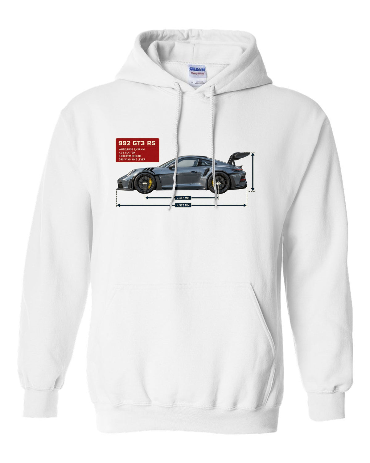 Porsche 992 GT3 RS dimension blueprint print design white pull over hoodie front view with the design