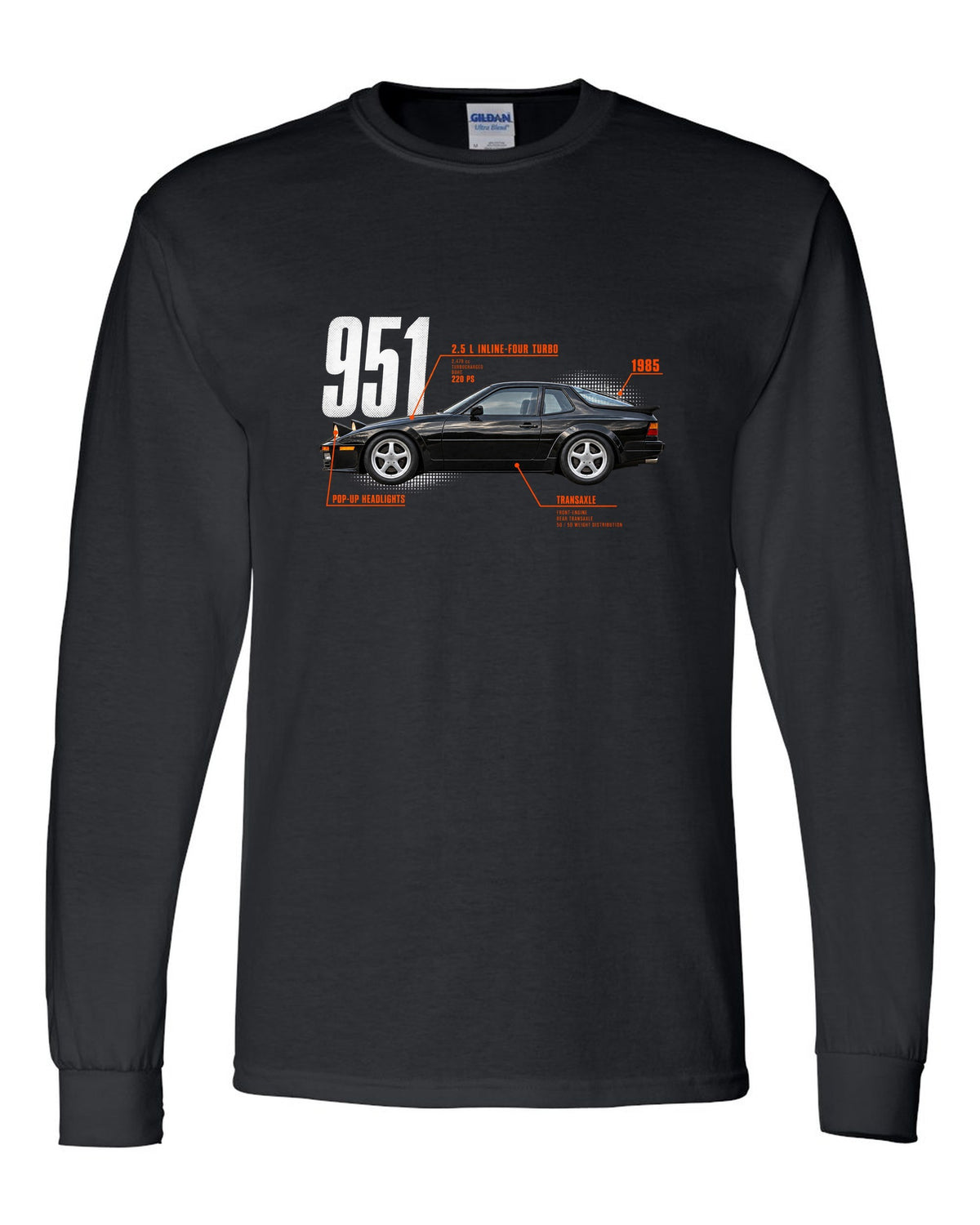 Spec poster print of a Porsche 944 Turbo 951 with 2.5 L turbo four, transaxle and pop-up headlights lettering black long sleeve front view with the design