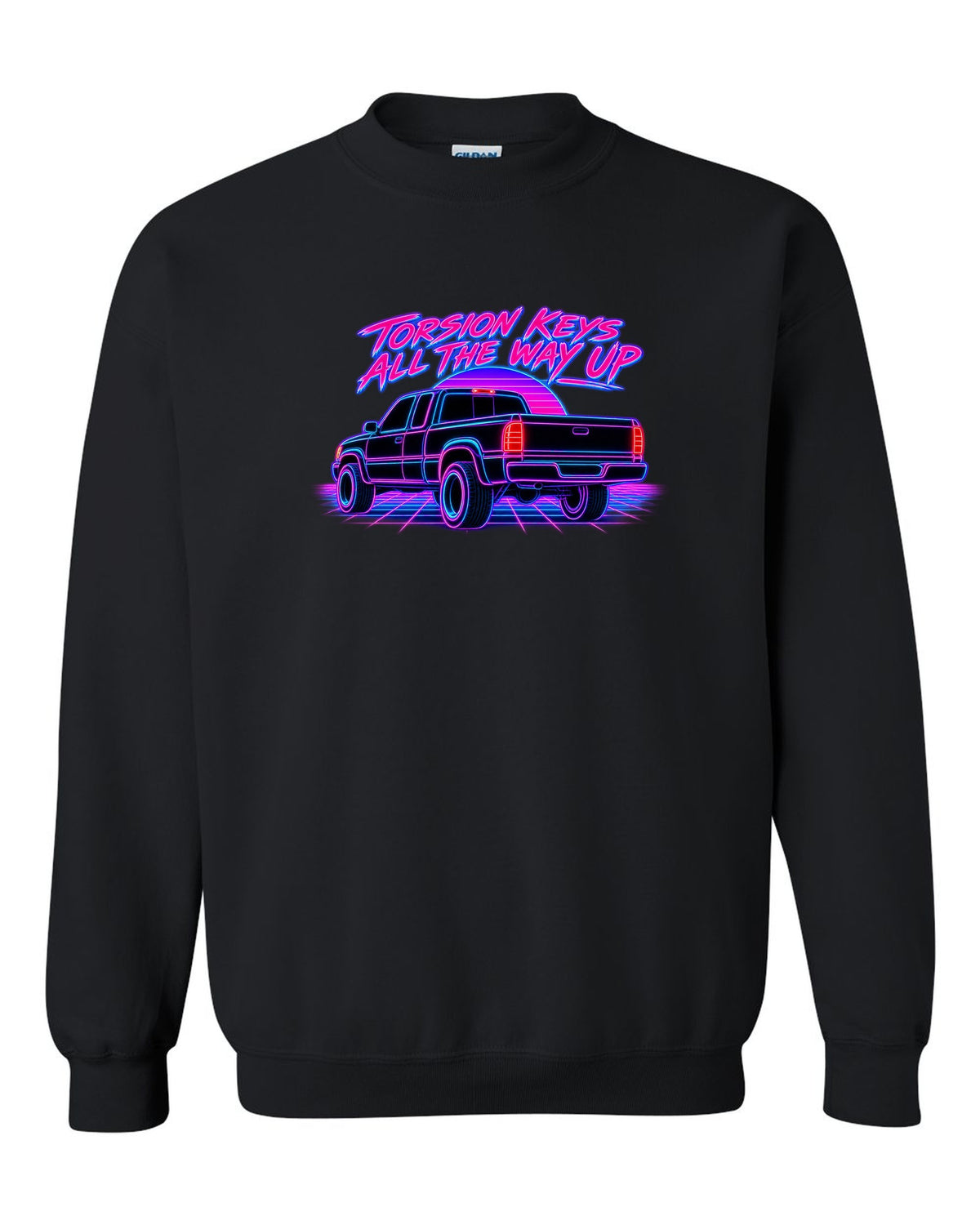Neon synthwave line print of a 1988-98 Chevrolet GMT400 C1500 OBS extended cab taillight black crewneck front view with the design