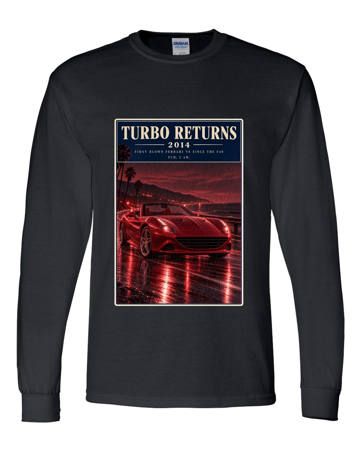Red monochrome night street print of the Ferrari California T black long sleeve front view with the design