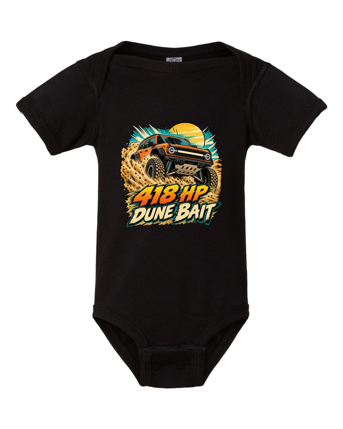 Ford Bronco Raptor U725 in a retro manga halftone dune panel print black baby onesie front view with the design