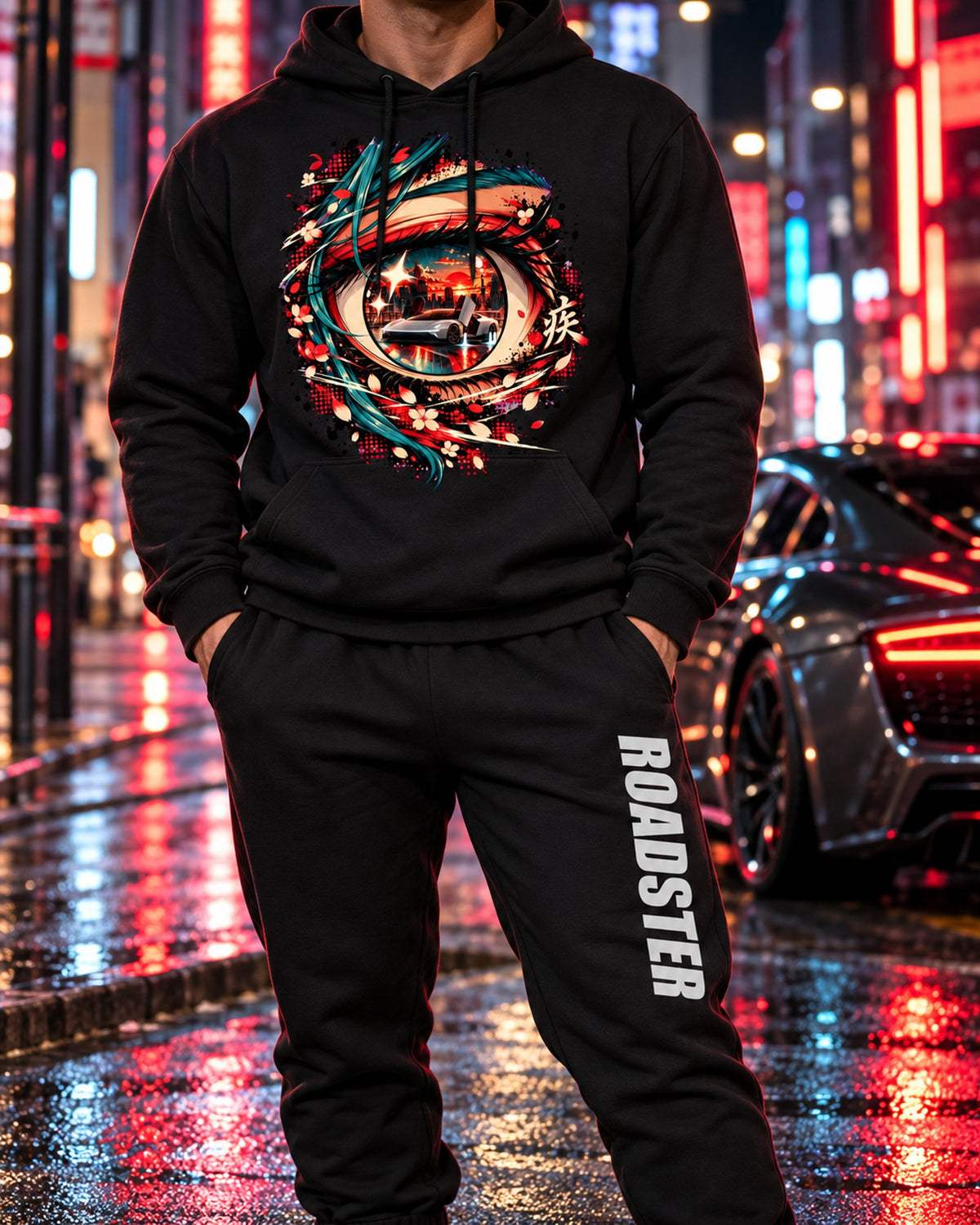 Tesla Roadster Anime Girl Hoodie + Jogger Set Black worn hero