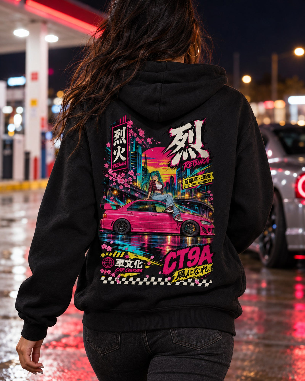 RETSUKA CT9A Anime Girl Full-Back Graphic Tee Pull Over Hoodie Black worn hero