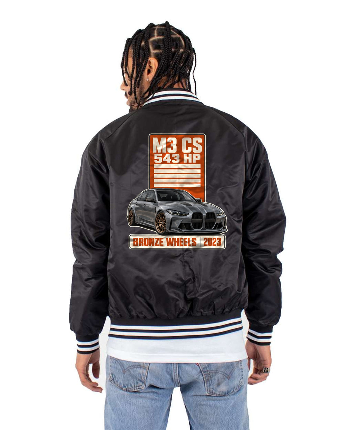 BMW M3 CS G80 Spec Poster Shirt, Bronze Wheels 2023 Tee Bomber Jacket Black back