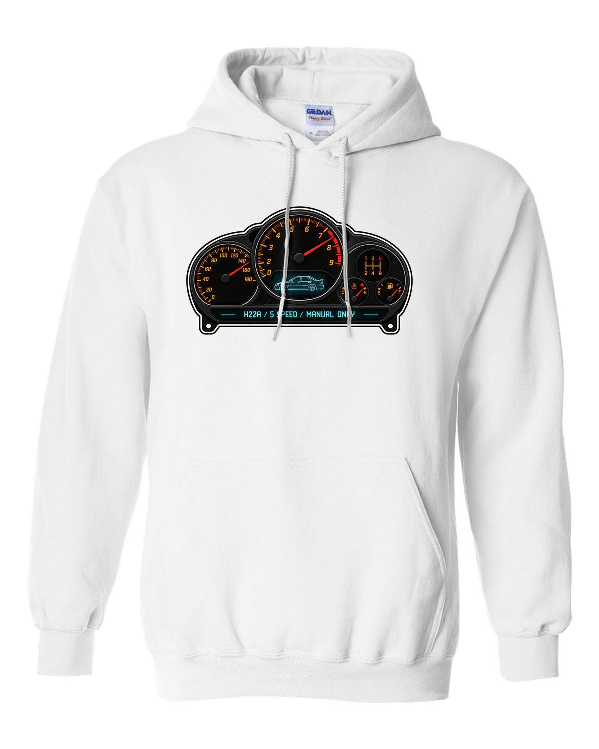 Gauge-cluster HUD design for the Honda Accord Euro R CL1 with H22A text white pull over hoodie front view with the design