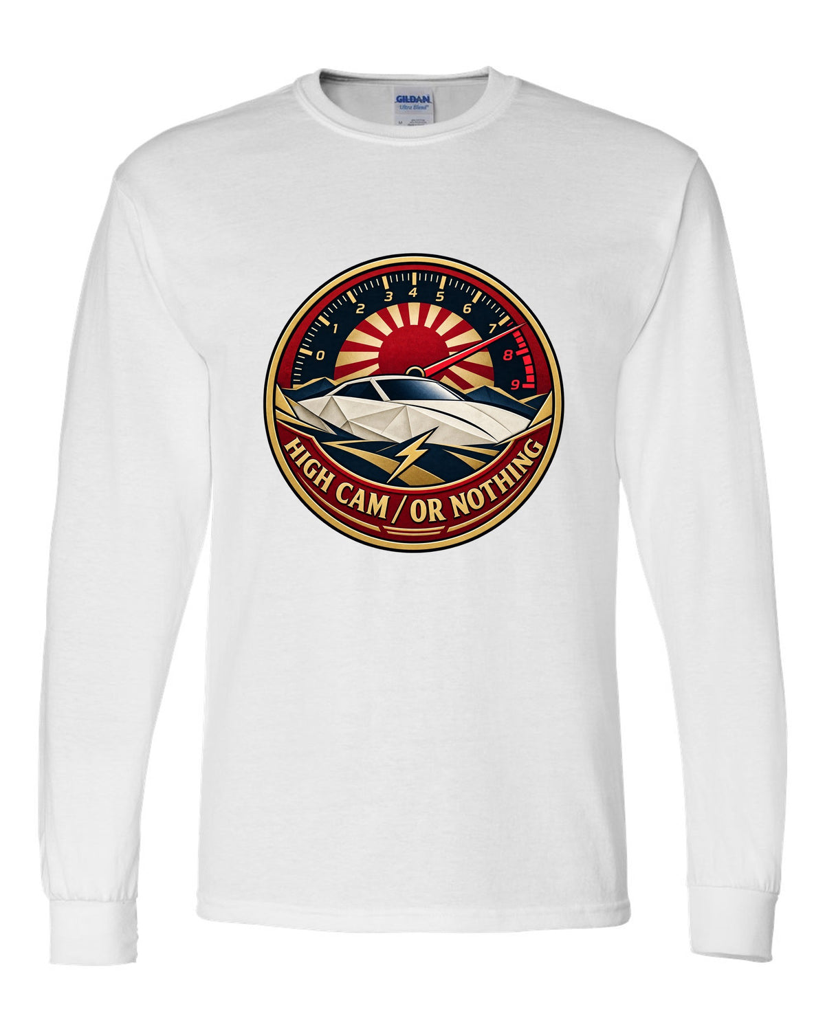 Origami-style crest of a Toyota Celica ZZT231 with the words High Cam or Nothing white long sleeve front view with the design