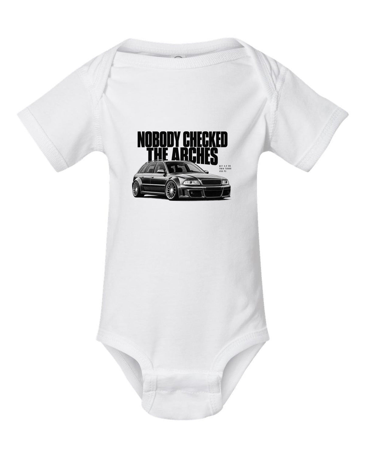 Audi RS6 Avant C5 4B front three-quarter in halftone with arches text white baby onesie front view with the design