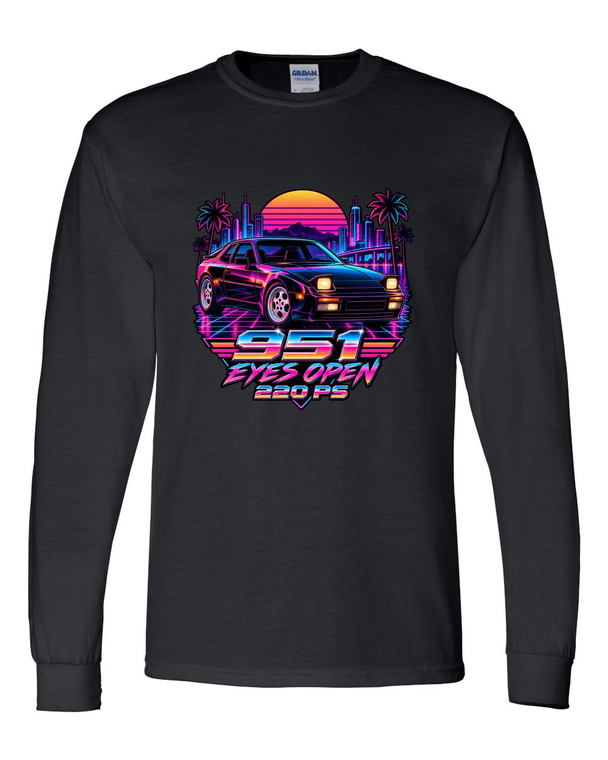 Synthwave neon Porsche 944 Turbo 951 with pop-up headlights open black long sleeve front view with the design