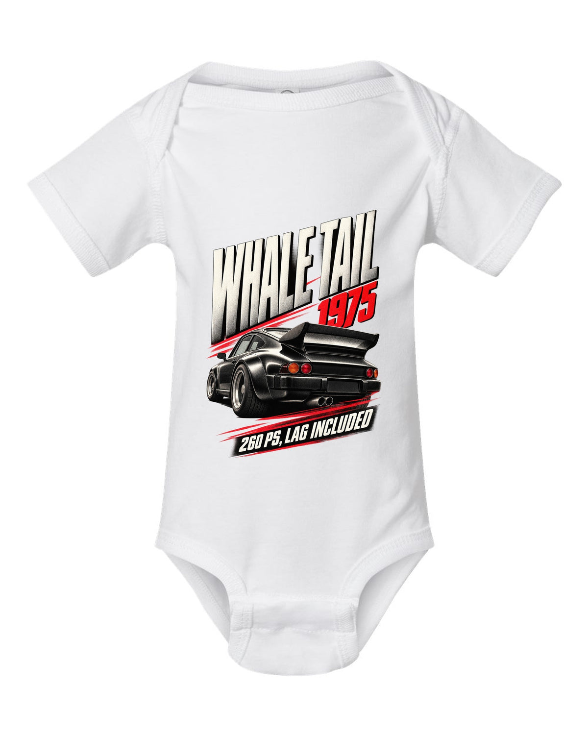 Race poster print of the 1975 Porsche 911 Turbo 3.0 (930) with whale tail and 260 PS text white baby onesie front view with the design