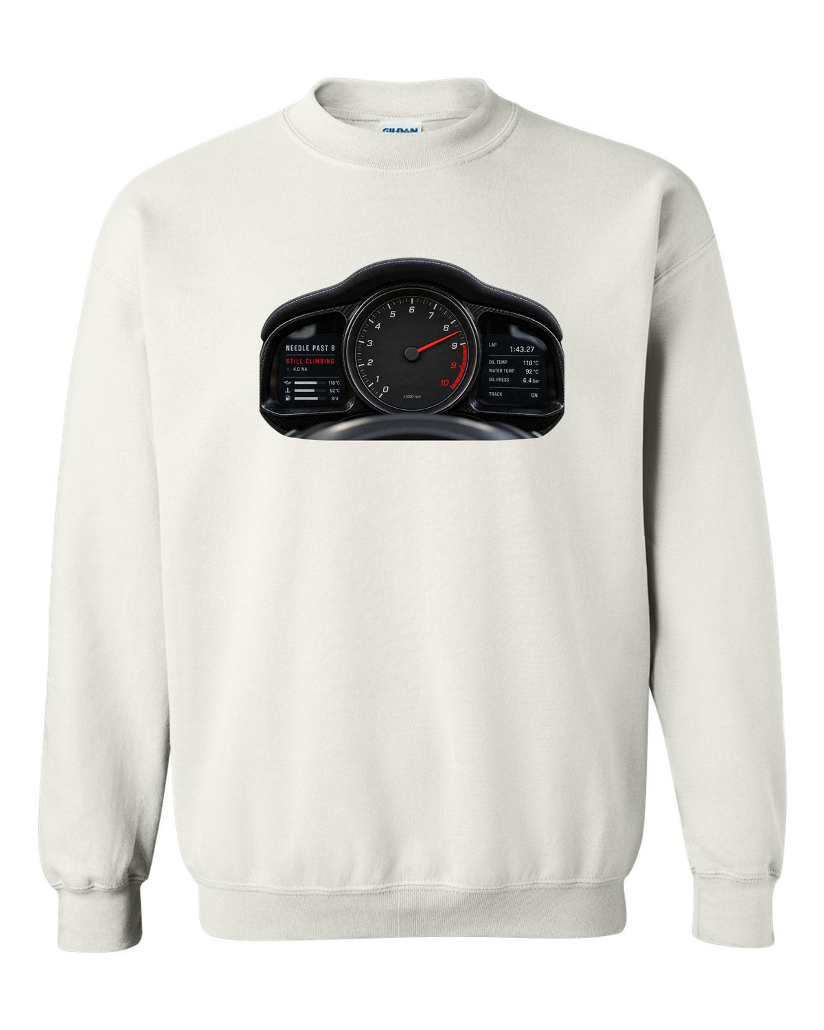 Cockpit gauge print of a 2022 Porsche 911 GT3 RS 992 tachometer past 8 white crewneck front view with the design