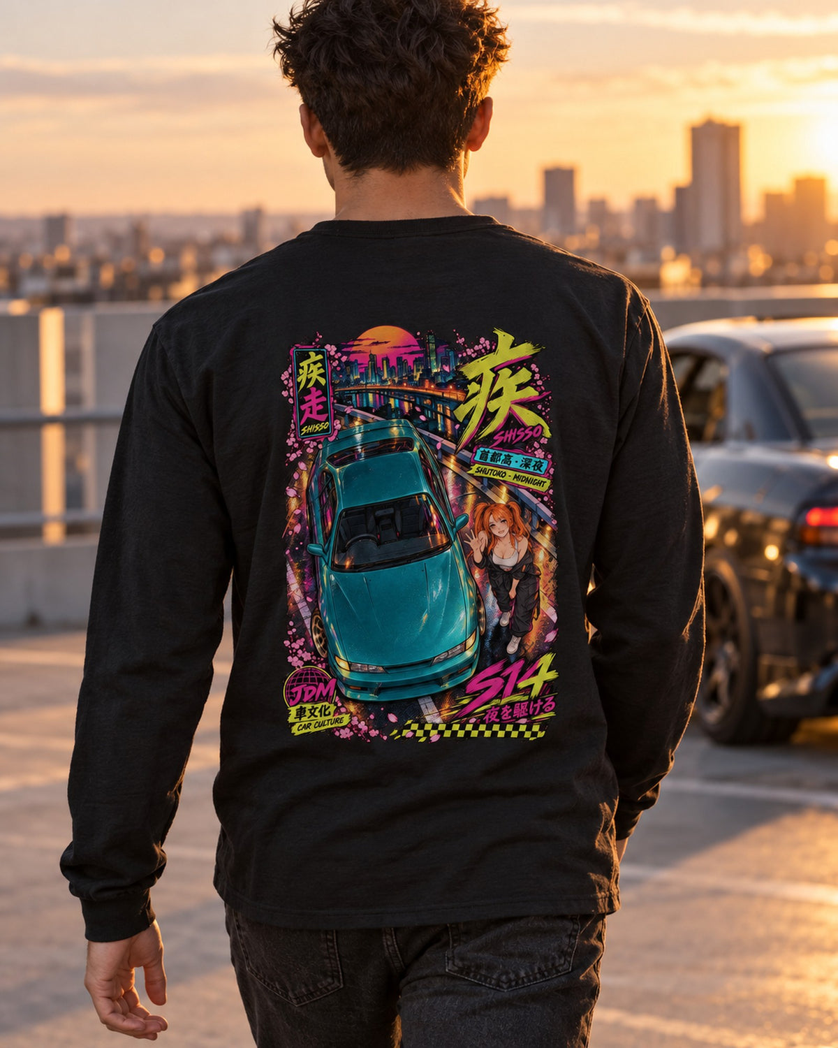 SHISSO S14 Anime Girl Full-Back Graphic Tee Long Sleeve Black worn hero