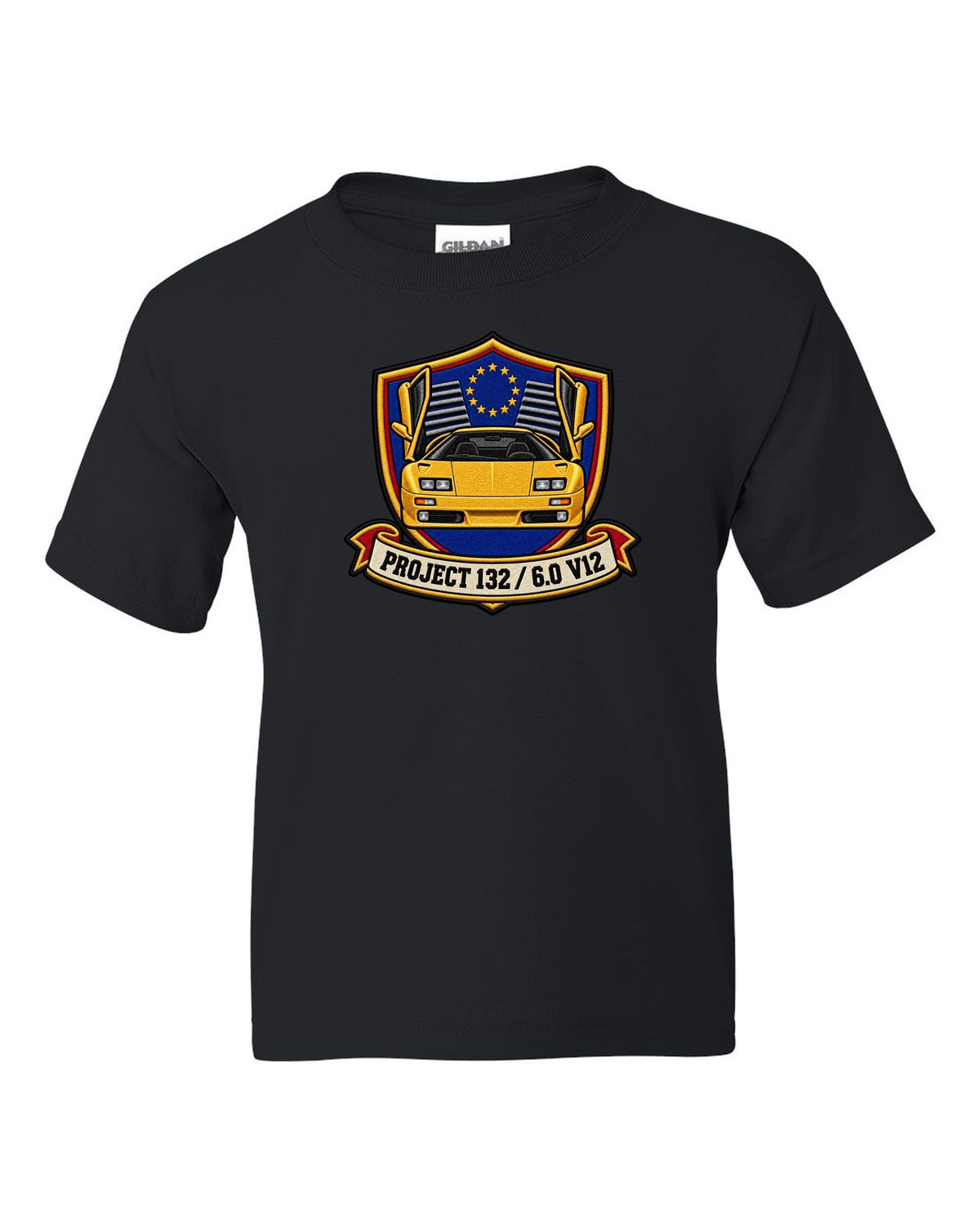 Varsity embroidery crest for a 2000 Lamborghini Diablo VT 6.0 reading Project 132 and 6.0 V12 black kids tee front view with the design