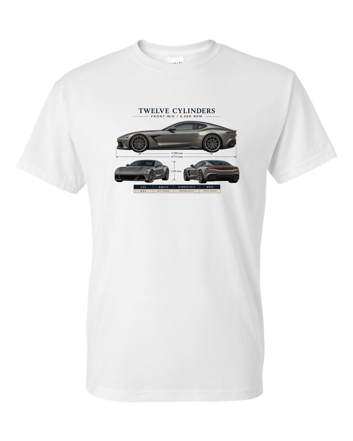 Three-view spec sheet print of the Ferrari 12Cilindri on a tee white t-shirt front view with the design