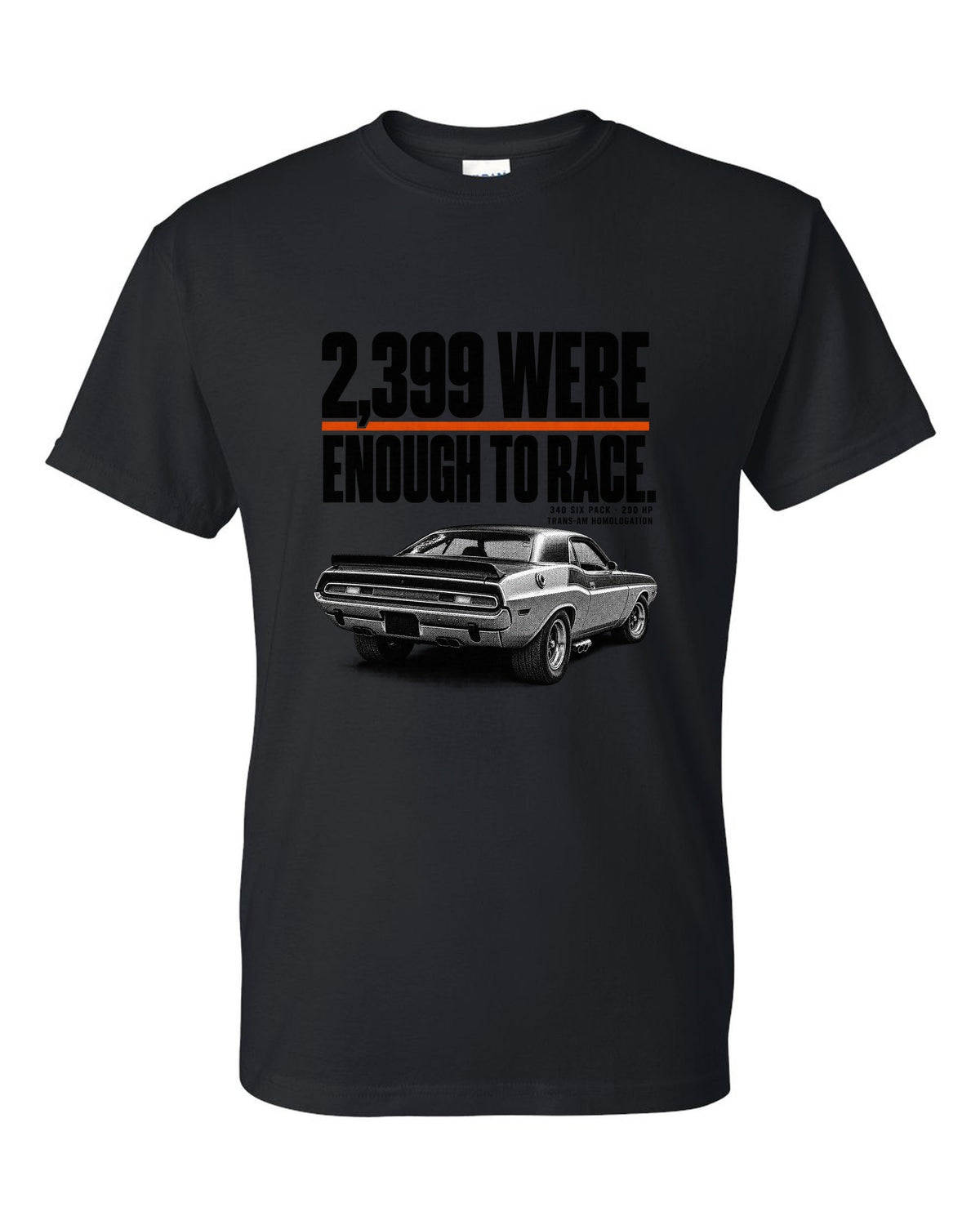 1970 Dodge Challenger T/A halftone print with 2,399 built and 340 Six Pack lettering black t-shirt front view with the design