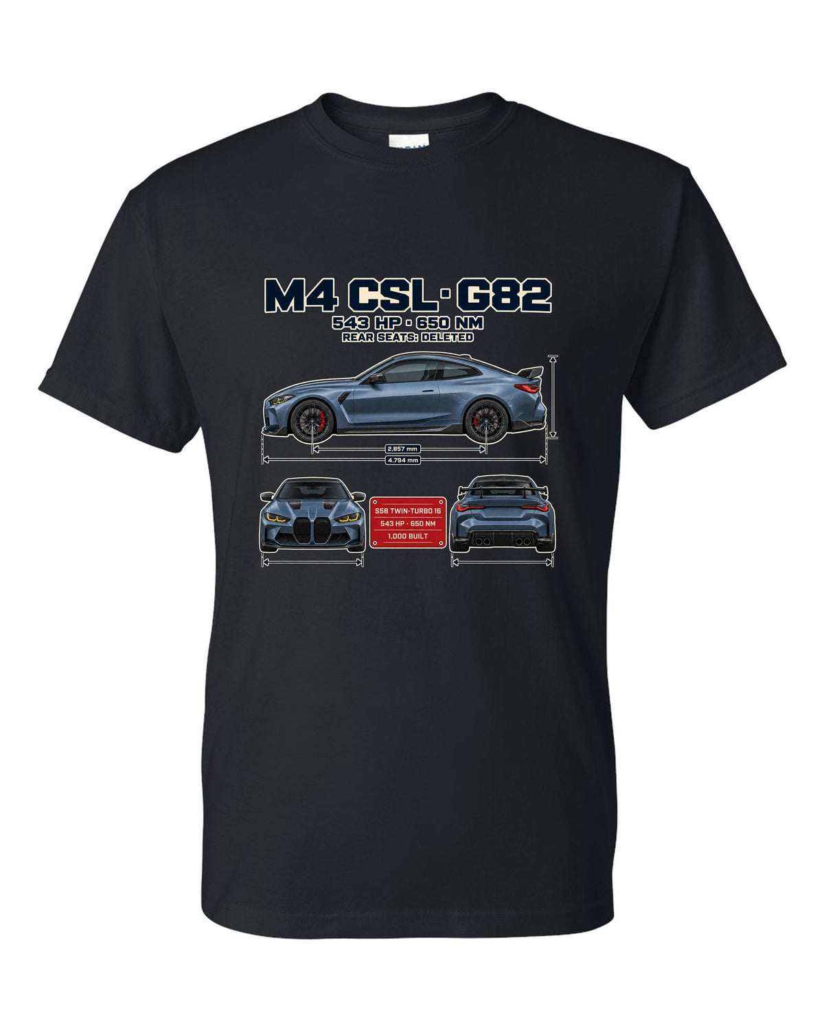 BMW M4 CSL G82 three-view spec table print black t-shirt front view with the design