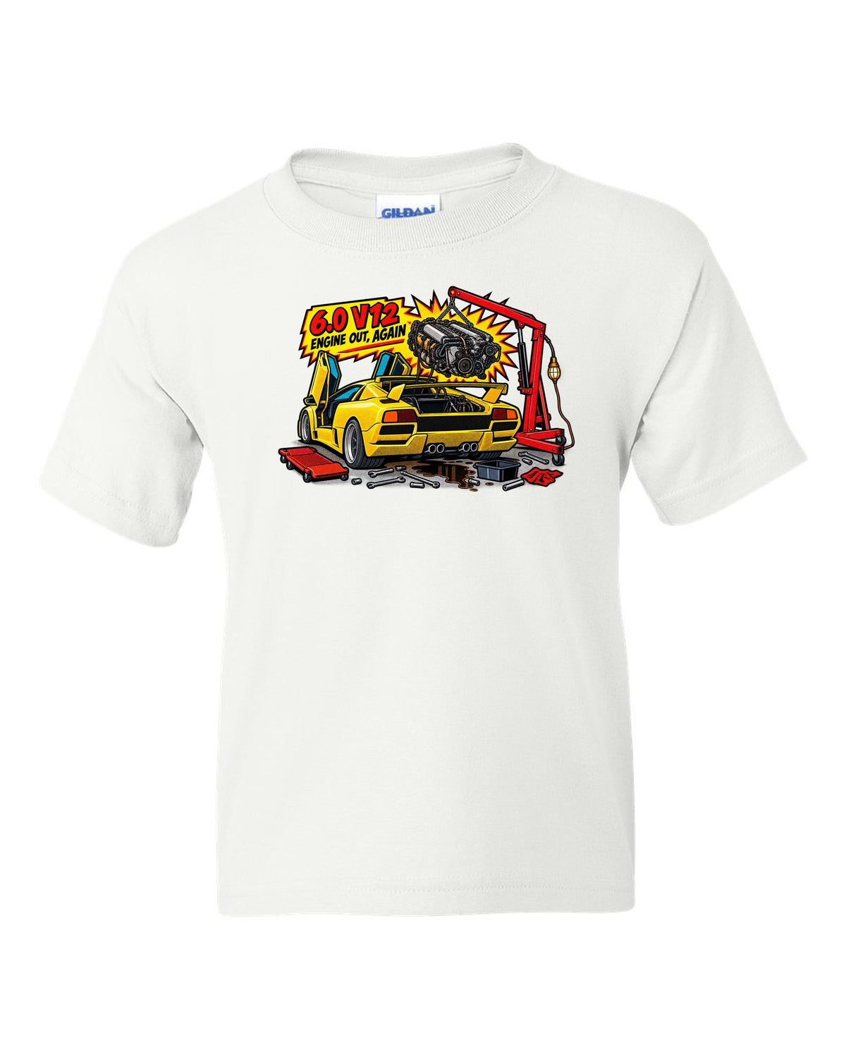 Comic halftone pop-art Lamborghini Diablo GT in a workshop with 6.0 V12 engine out again lettering white kids tee front view with the design