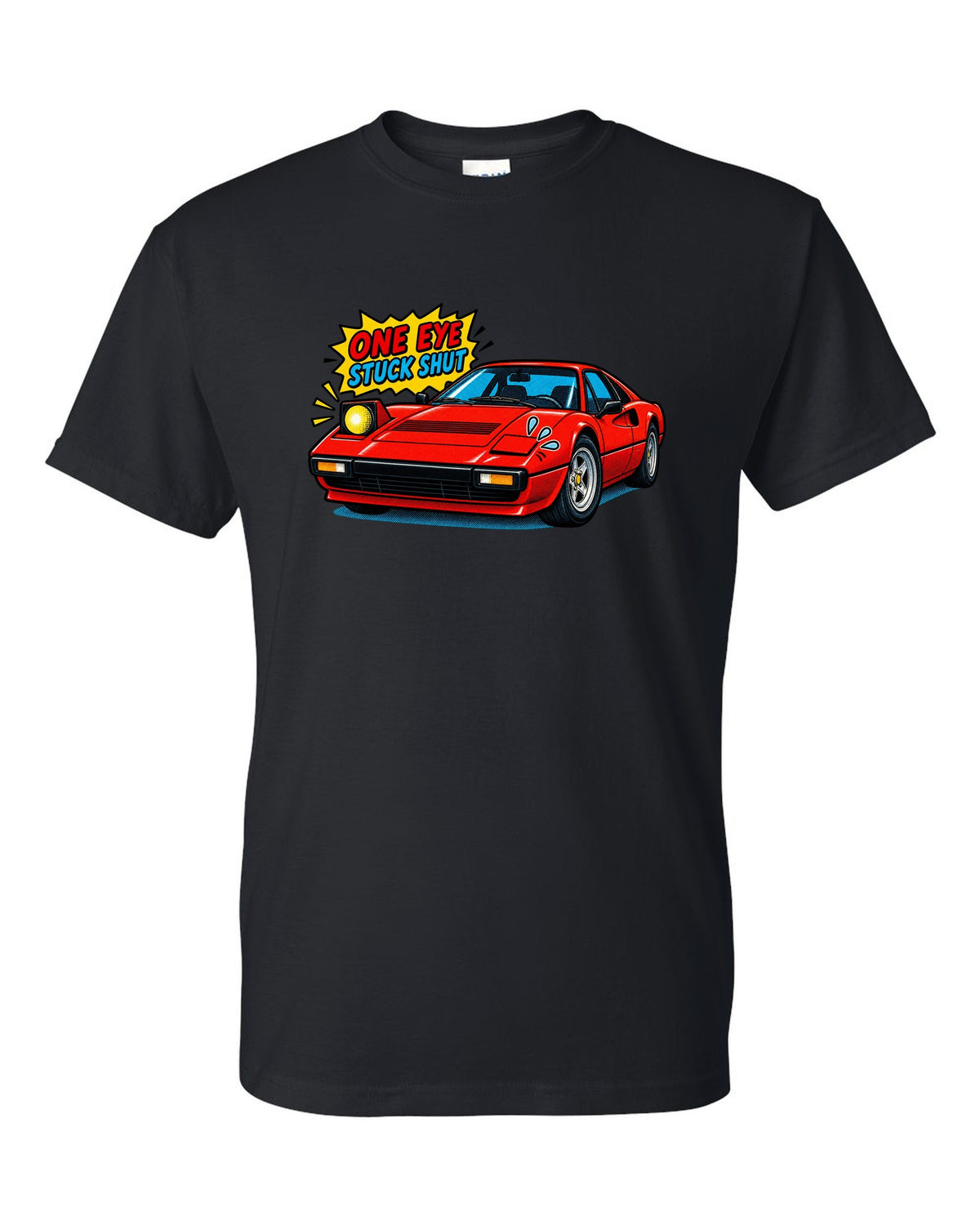 Comic halftone print of a Ferrari 308 GTB with one pop-up headlight stuck shut black t-shirt front view with the design