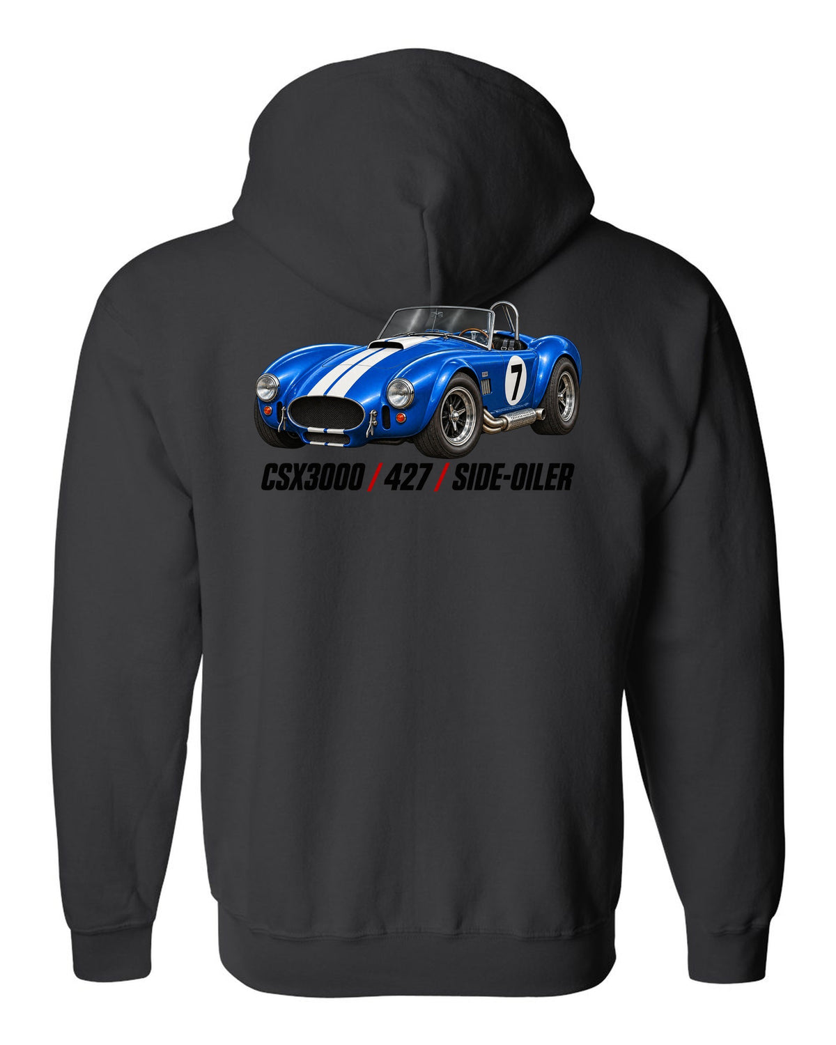 Shelby Cobra 427 CSX3000 Side-Oiler Racing Roundel black zip hoodie back view with the design