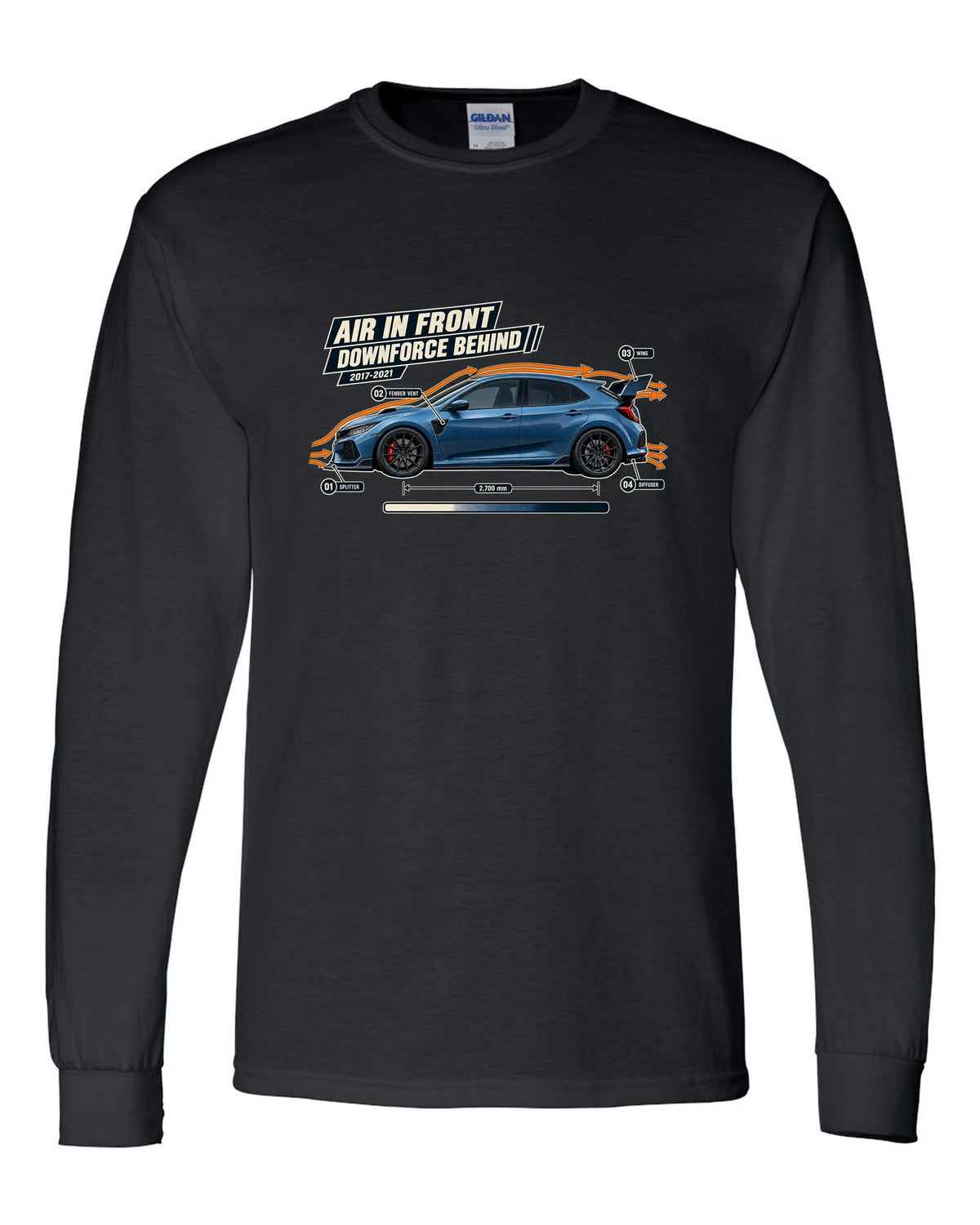 print aero callout drawing of a Boost Blue Honda Civic Type R FK8 black long sleeve front view with the design