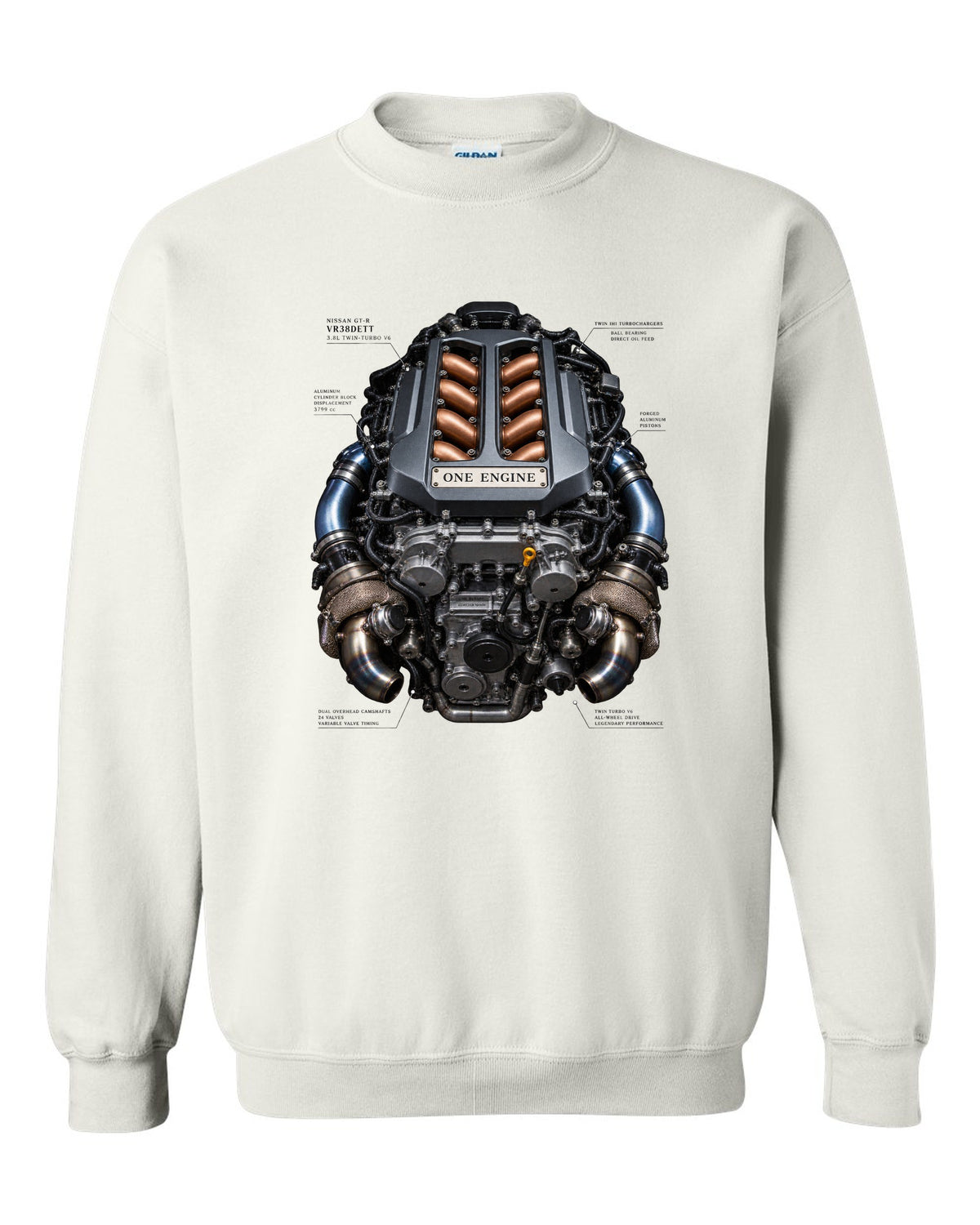 Nissan GT-R VR38DETT twin-turbo V6 engine bay illustration, print design white crewneck front view with the design