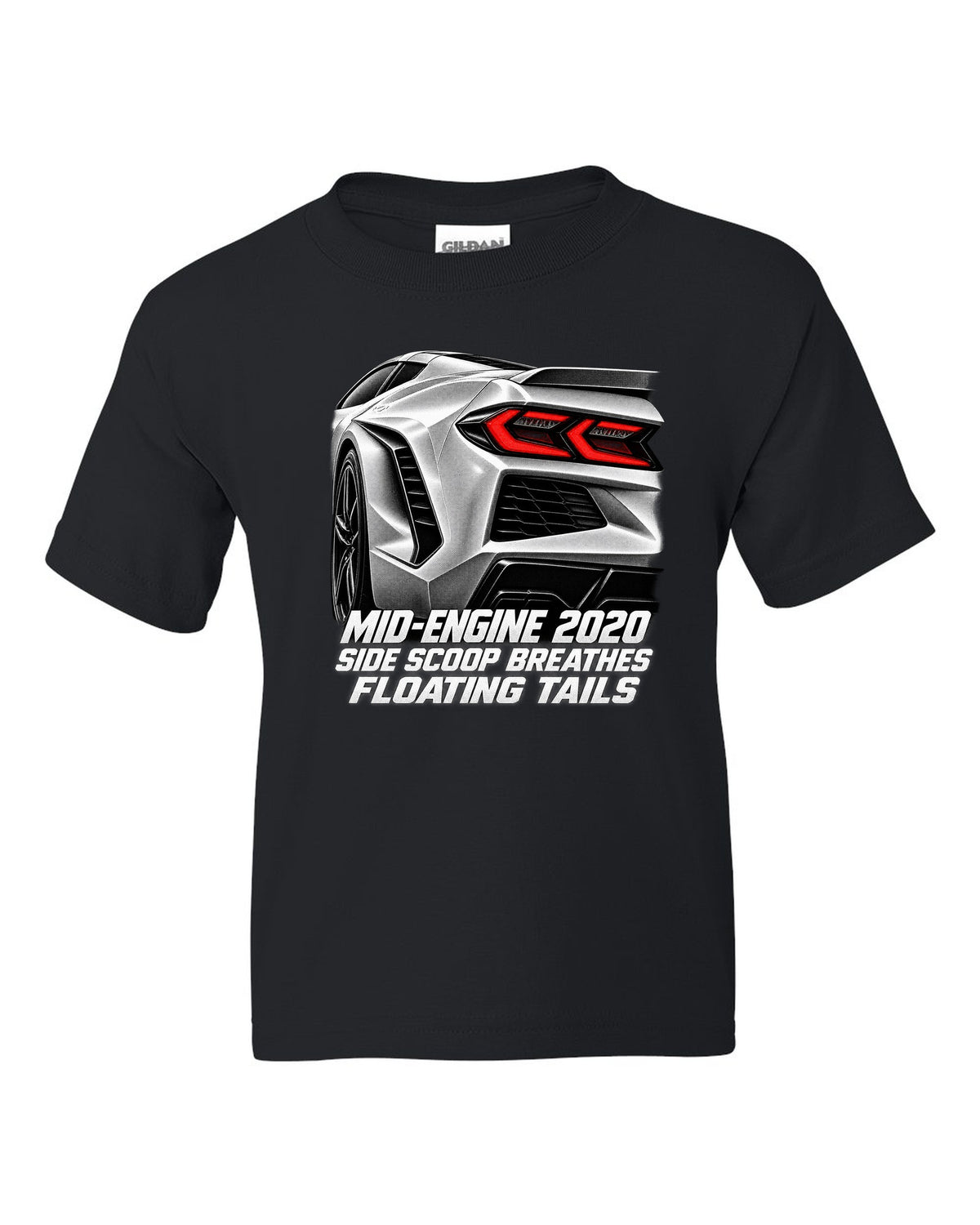 Corvette C8 Stingray 2020 Side Intake Taillight Detail black kids tee front view with the design