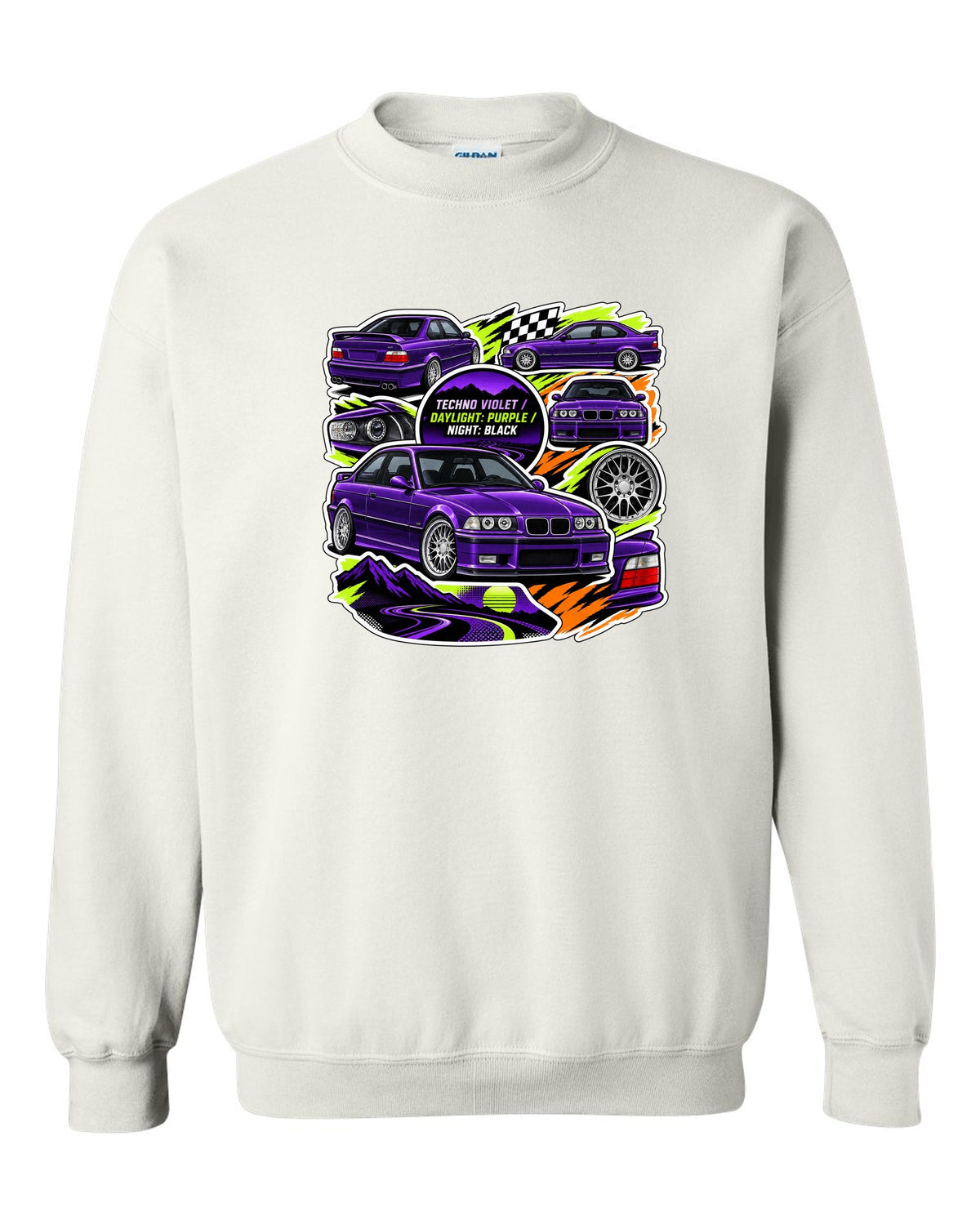 Sticker bomb collage print of a Techno Violet BMW E36 M3 with daylight purple night black text white crewneck front view with the design