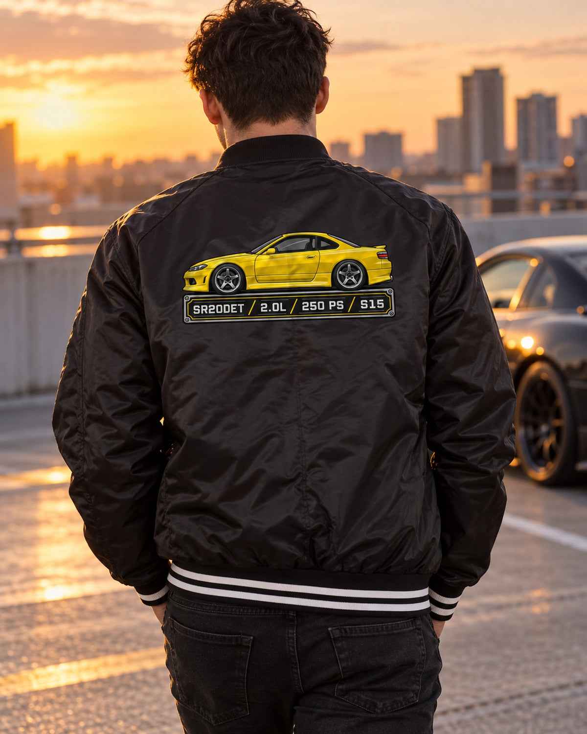 Nissan Silvia S15 SR20DET Spec Sheet Data Plate Shirt Bomber Jacket Black worn hero