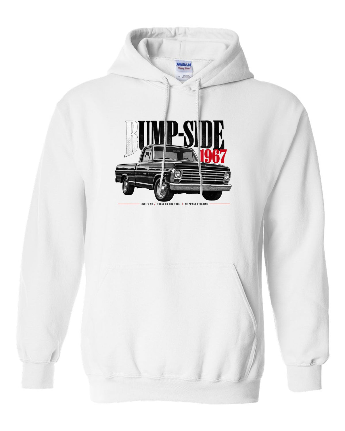 Ford F-Series Bump-Side 1967 360 FE V8 Editorial Graphic Tee white pull over hoodie front view with the design