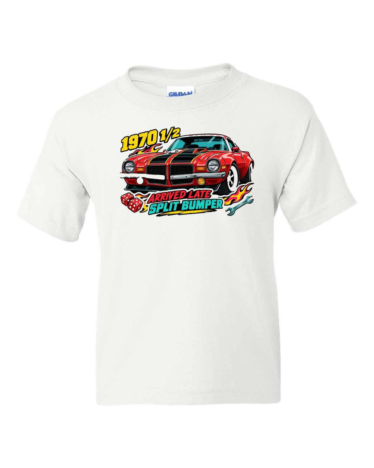 1970 Chevrolet Camaro Z28 split bumper sticker-bomb collage print reading 1970 1/2 Arrived Late white kids tee front view with the design