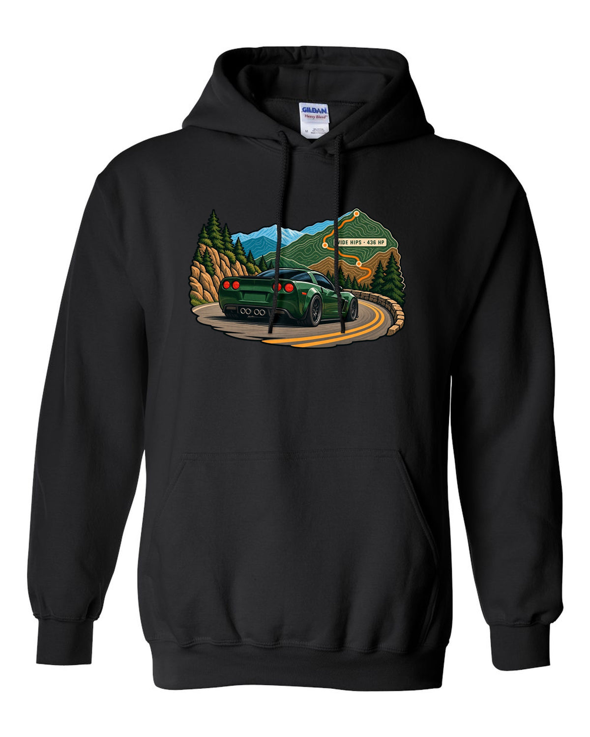 Topographic contour map print of a 2010 Chevrolet Corvette C6 Grand Sport with Wide Hips 436 HP text black pull over hoodie front view with the design