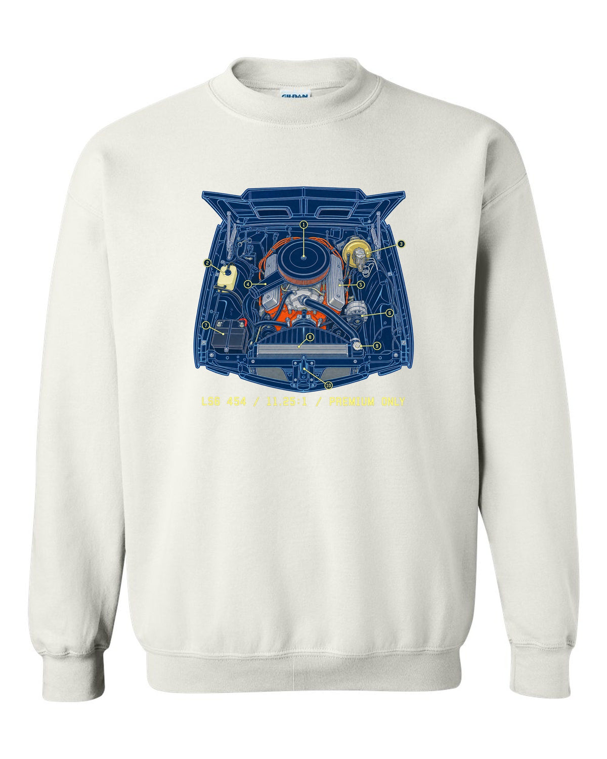 Blueprint line art print of a 1970 Chevelle SS 454 engine bay with the text LS6 454, 11.25:1, Premium Only white crewneck front view with the design