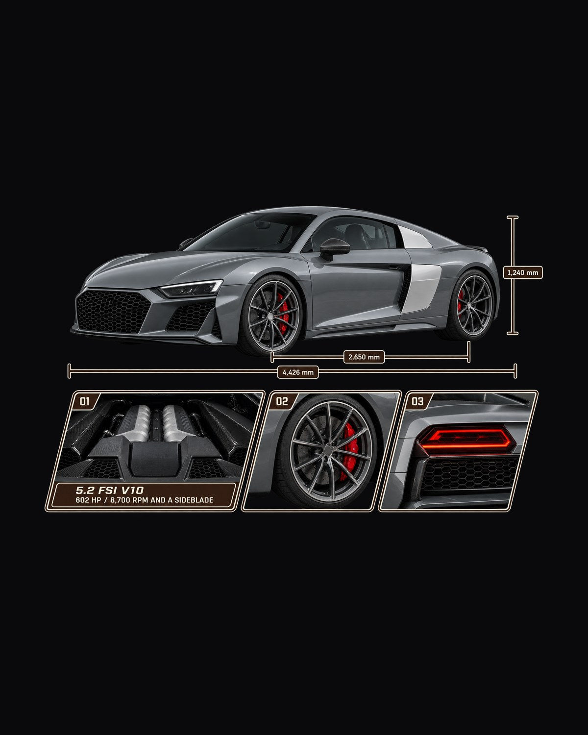 Audi R8 V10 Performance Dossier Panels Tee, Nardo Grey design only