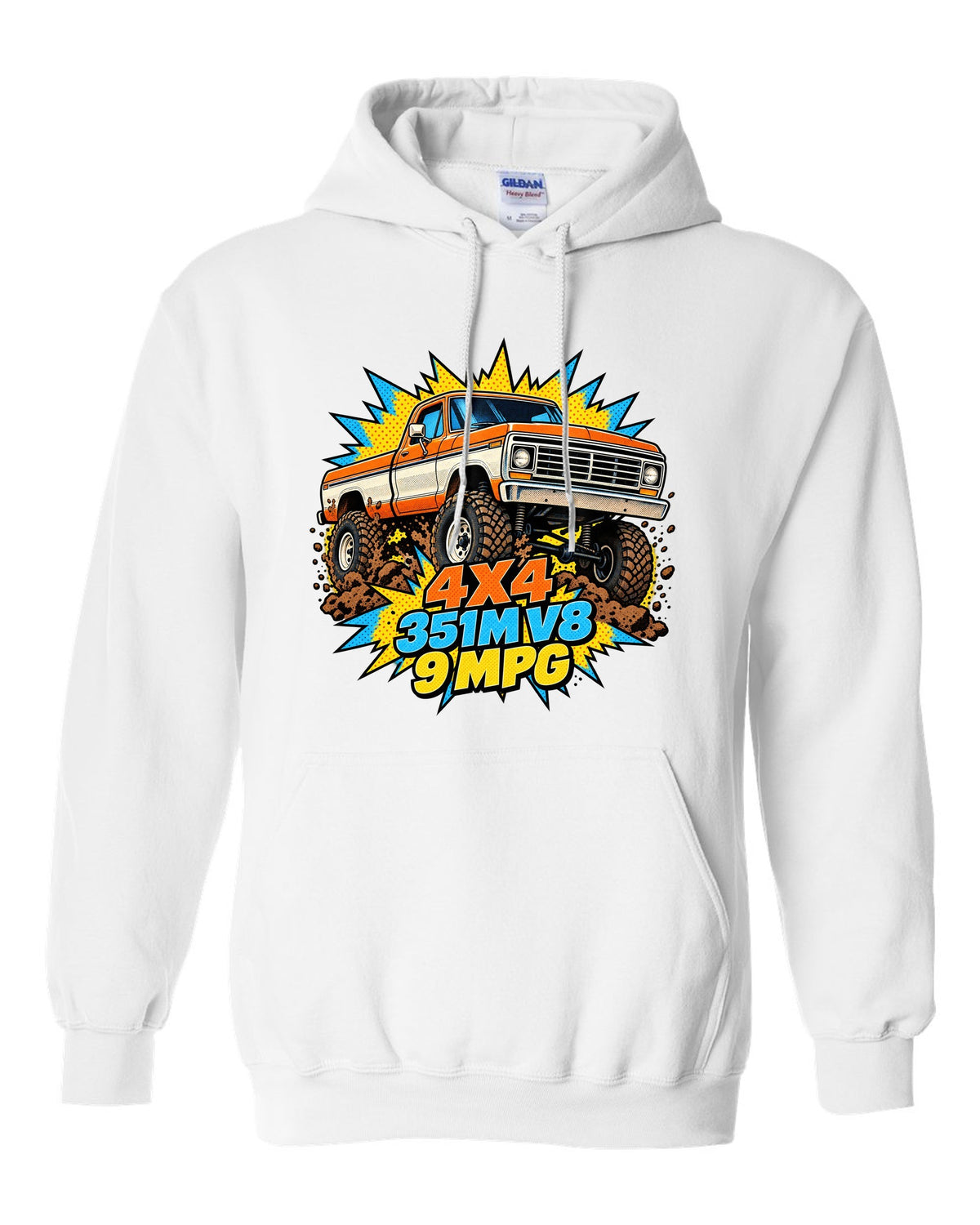 Dent-Side Ford F-150 Comic Halftone Pop-Art Workshop Tee white pull over hoodie front view with the design