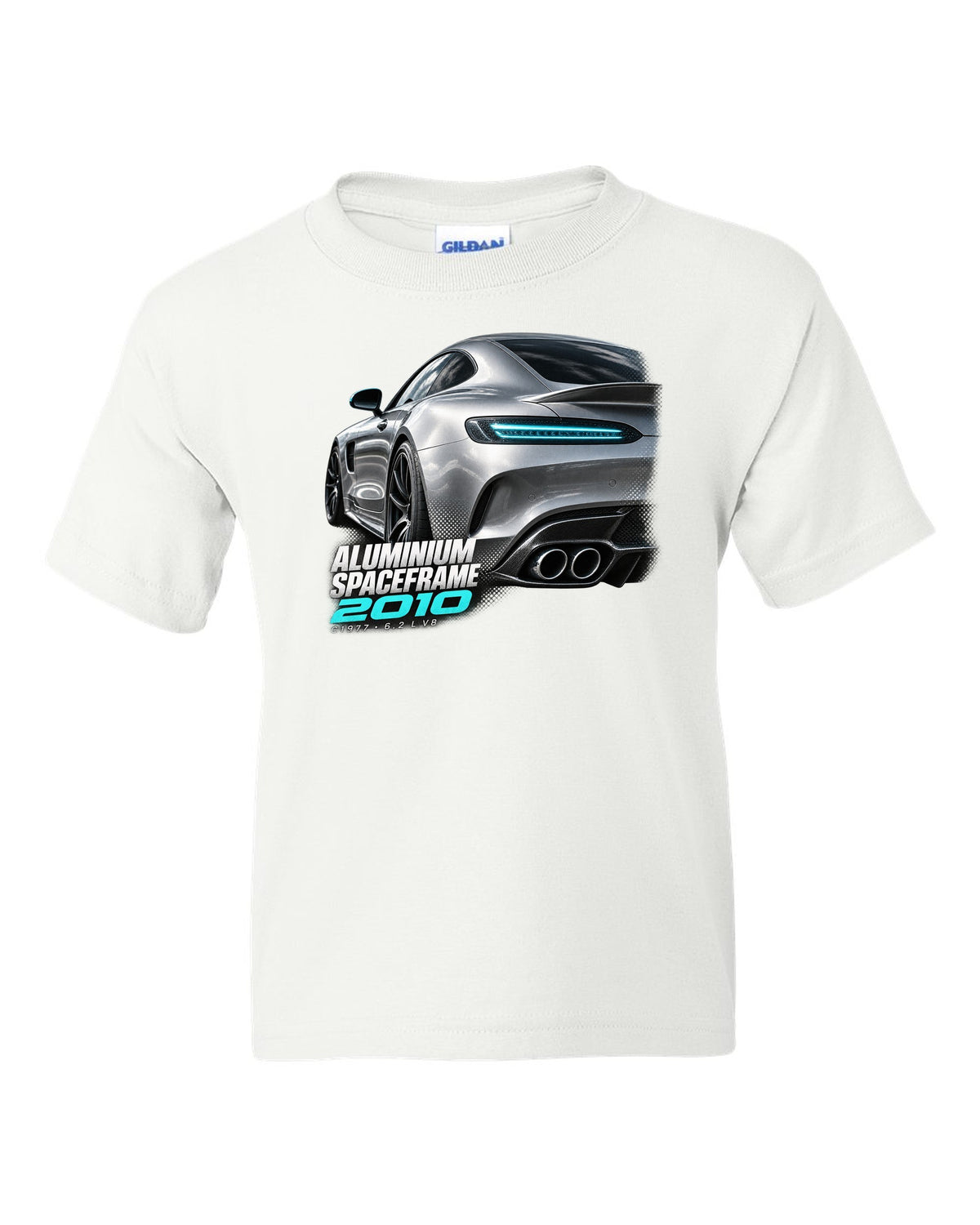 Taillight macro print of a Mercedes SLS AMG C197 with Aluminium Spaceframe 2010 lettering white kids tee front view with the design