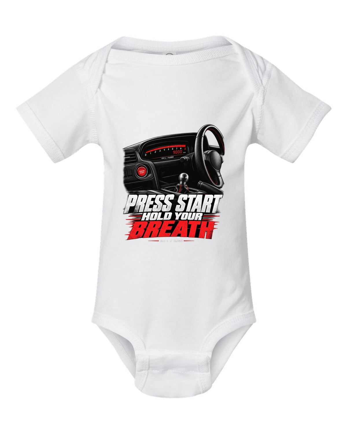 Honda S2000 AP1 roadster cockpit gauge design with press start text white baby onesie front view with the design