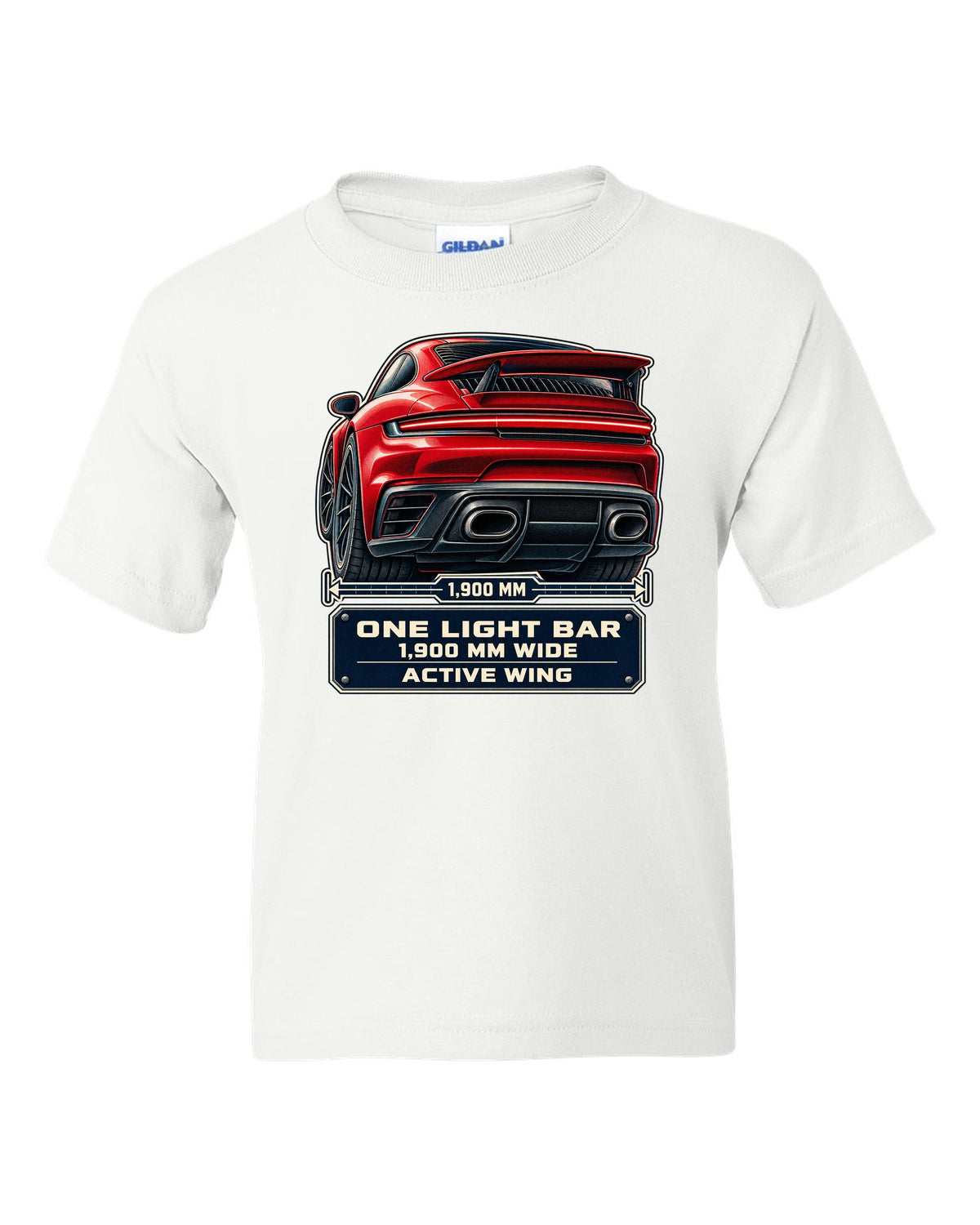 Taillight macro print of a Porsche 992 Turbo S with light bar and wing white kids tee front view with the design