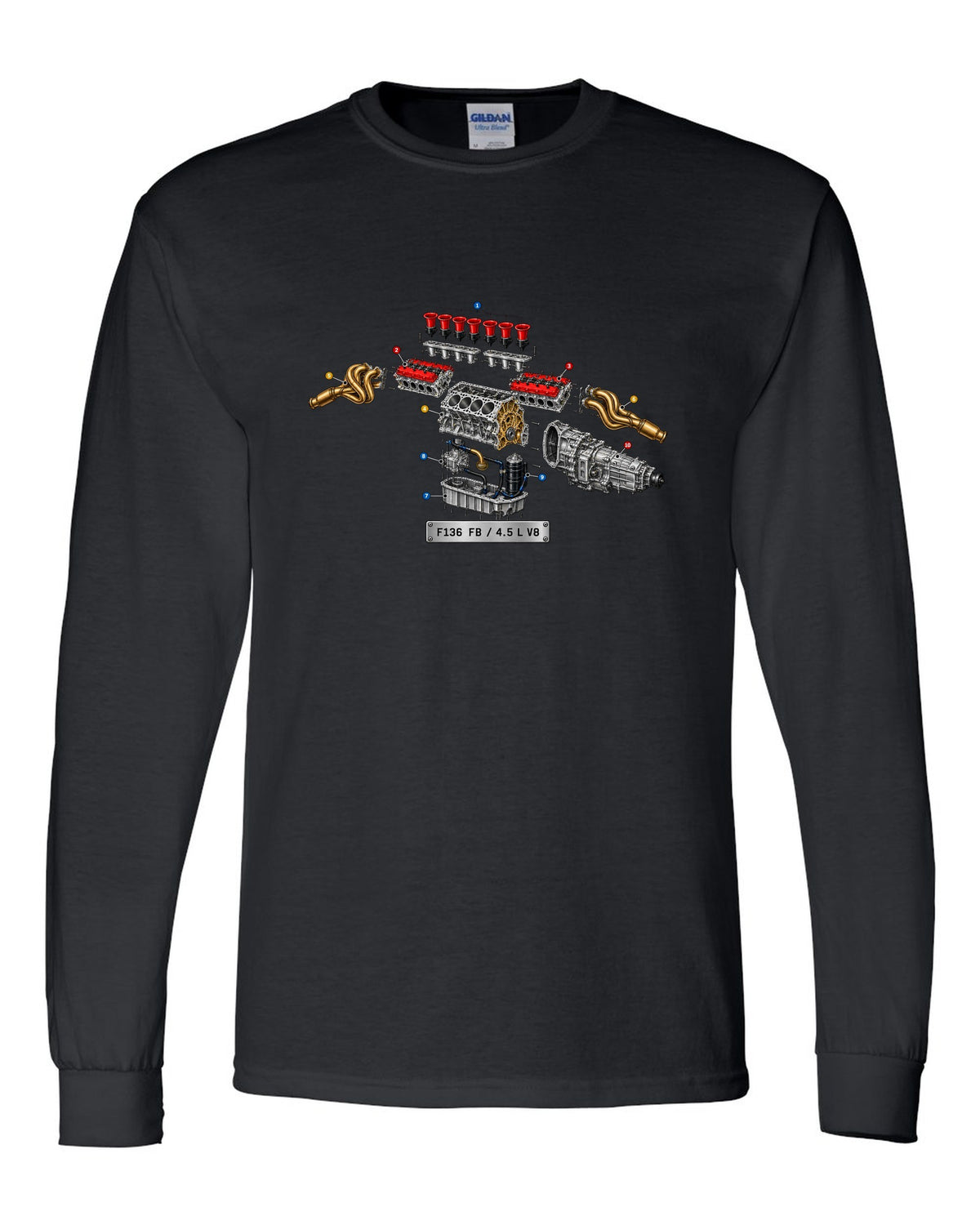 Exploded view of the Ferrari 458 Italia F136 FB V8 with numbered callouts black long sleeve front view with the design