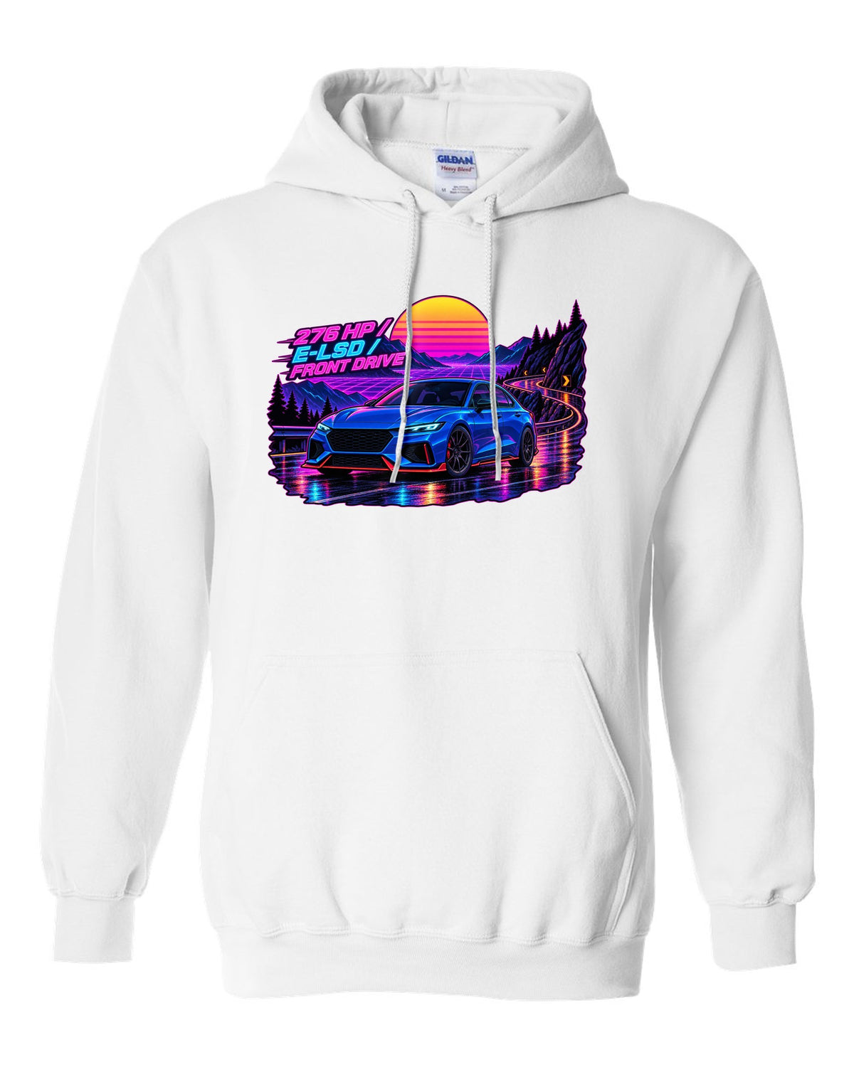Hyundai Elantra N CN7 synthwave wet road print with 276 HP and E-LSD text white pull over hoodie front view with the design