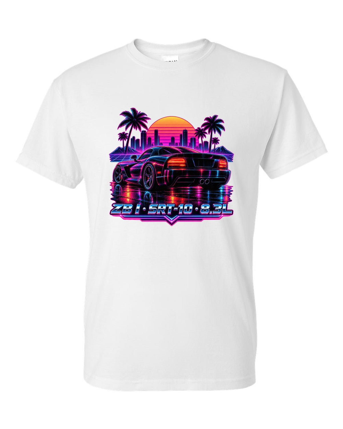 Synthwave neon rain street print of a 2005 Dodge Viper SRT-10 ZB I tail white t-shirt front view with the design