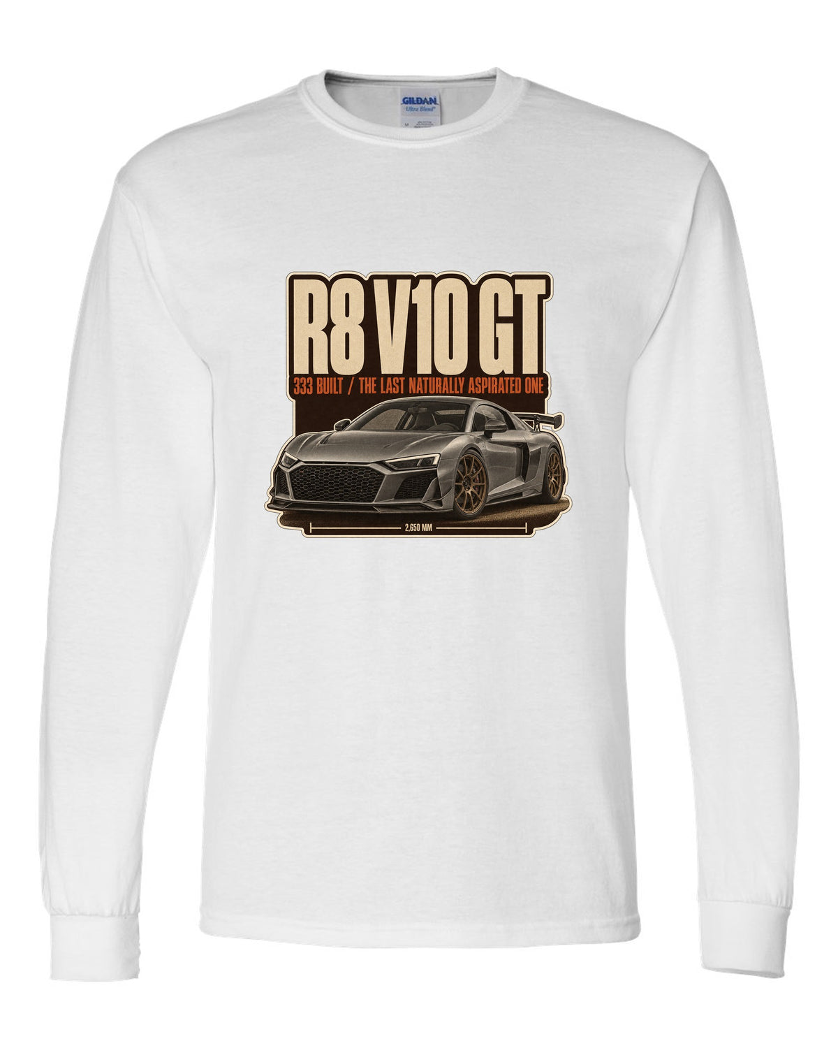 Audi R8 V10 GT RWD final edition editorial headline print design white long sleeve front view with the design
