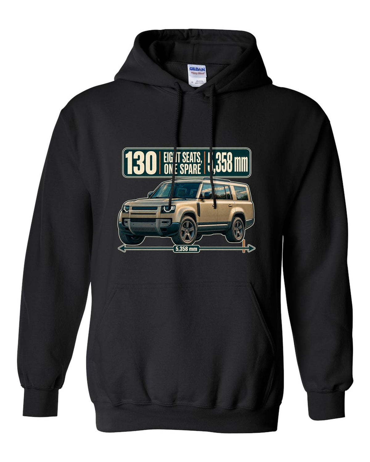 Editorial headline print for the Land Rover Defender 130 L663 with eight seats and length black pull over hoodie front view with the design