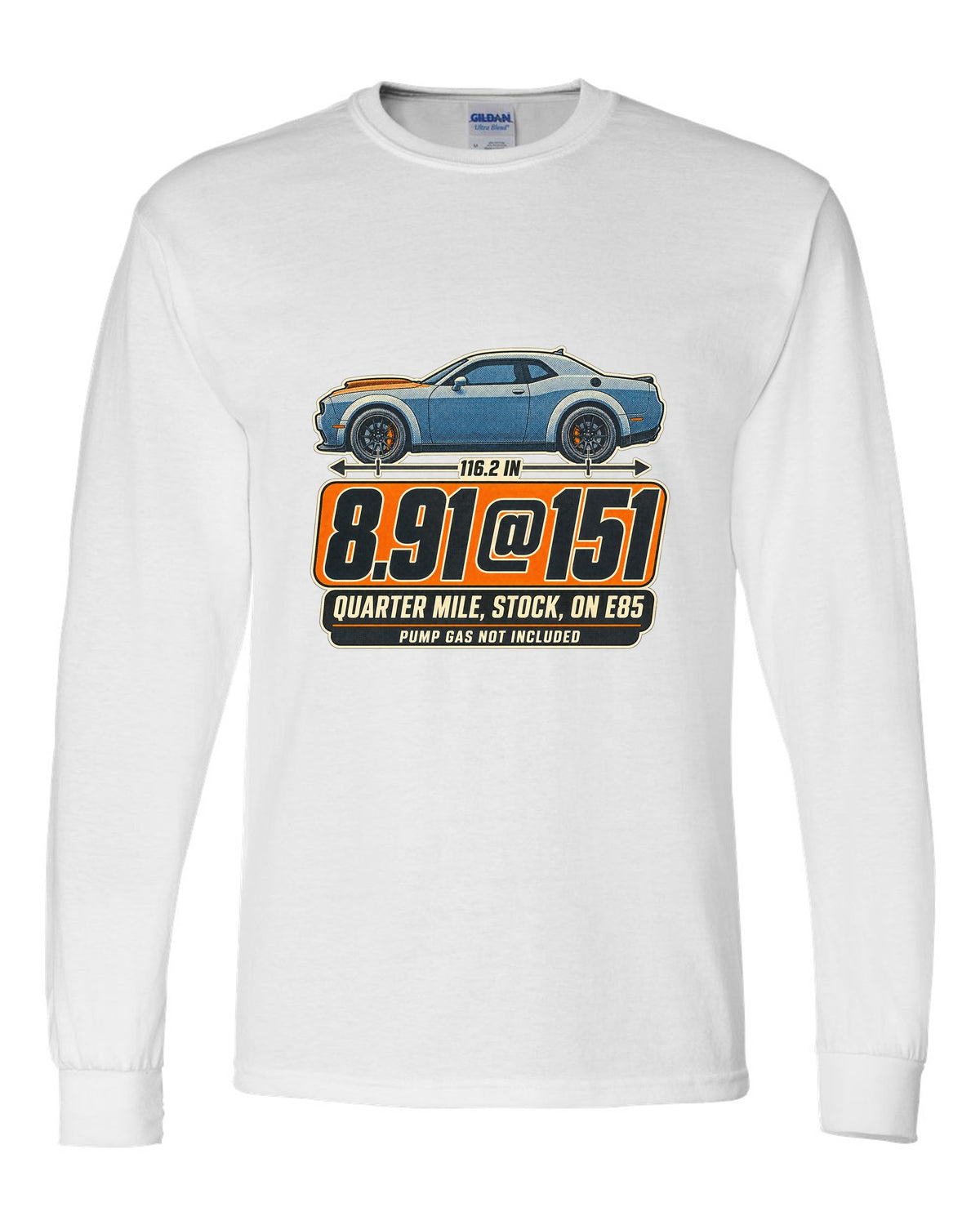 Dodge Challenger SRT Demon 170 halftone print with quarter mile time on E85 white long sleeve front view with the design