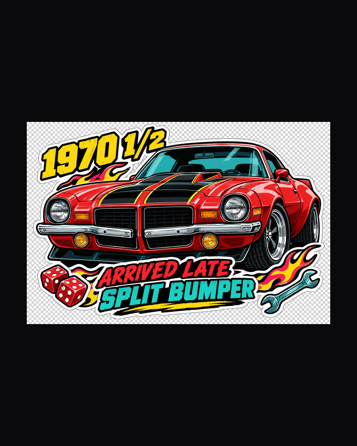 1970 Camaro Z28 Split Bumper Sticker Bomb Shirt, 1970 1/2 design only
