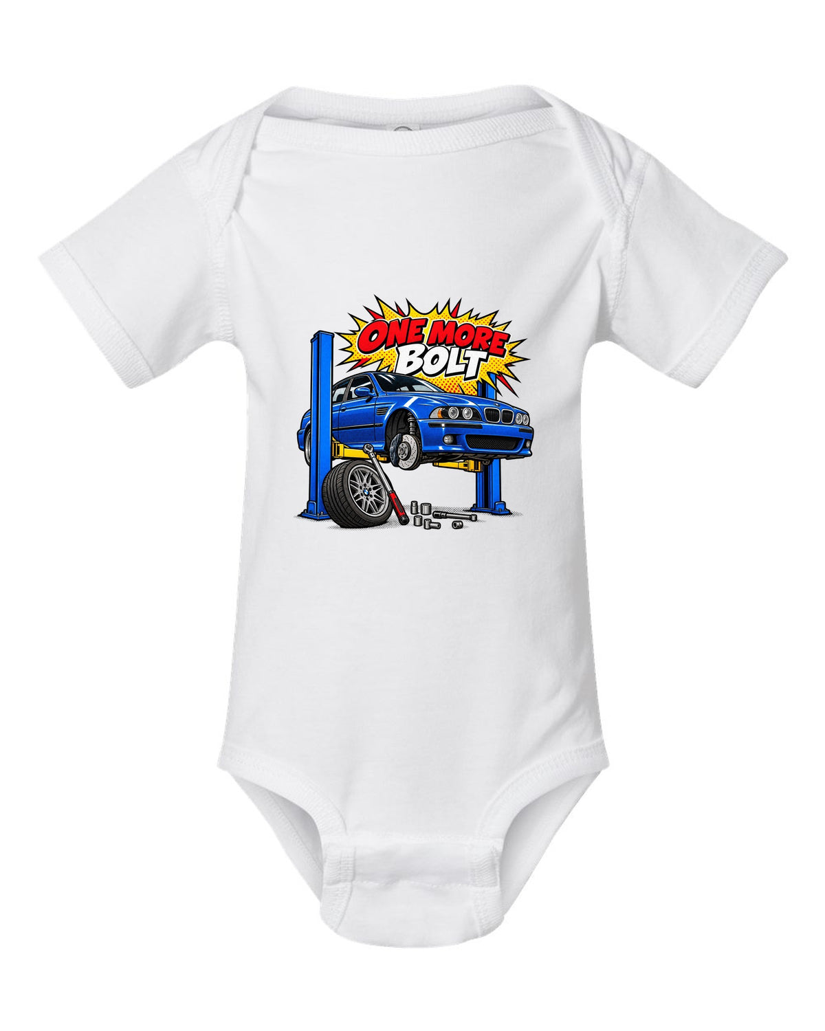 Ukiyo-e woodblock wave print of a BMW M5 E39 with S62 4.9 V8 text white baby onesie front view with the design
