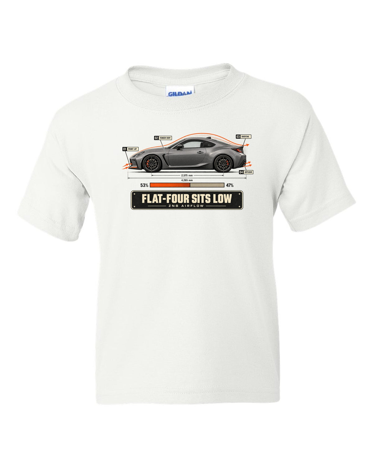 Cutaway-style airflow diagram of a Toyota GR86 ZN8 with callouts, poster-style print white kids tee front view with the design