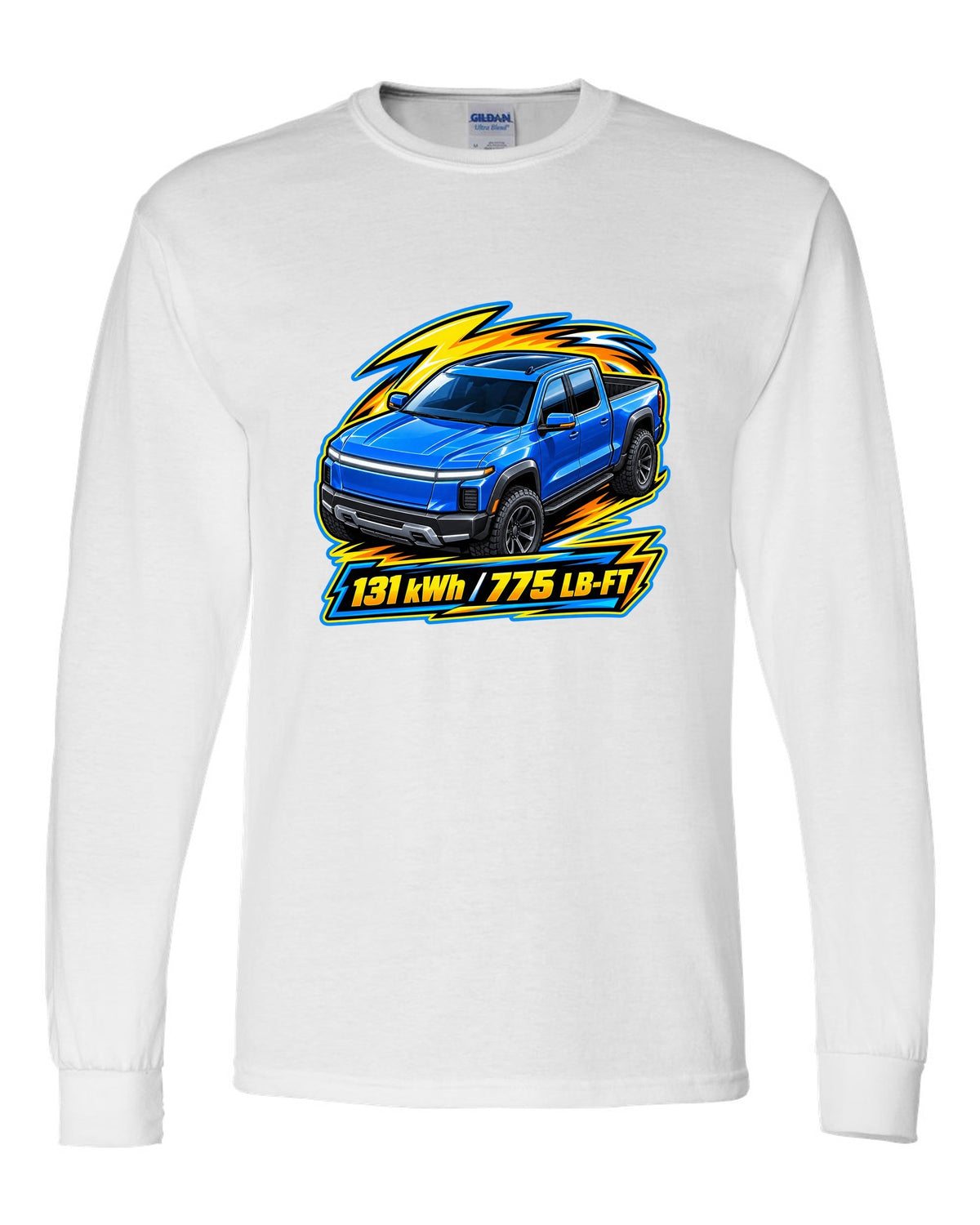 Ford F-150 Lightning EV on a die-cast toy card style print white long sleeve front view with the design