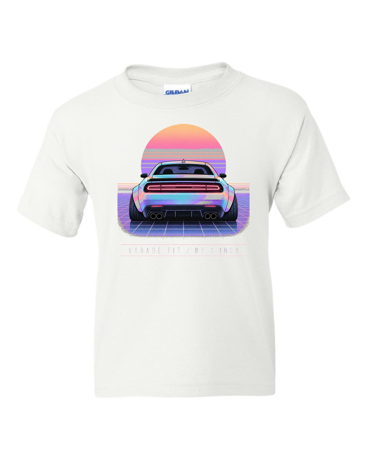 Vaporwave pastel print of a 2021 Dodge Challenger Scat Pack Widebody with garage fit text white kids tee front view with the design
