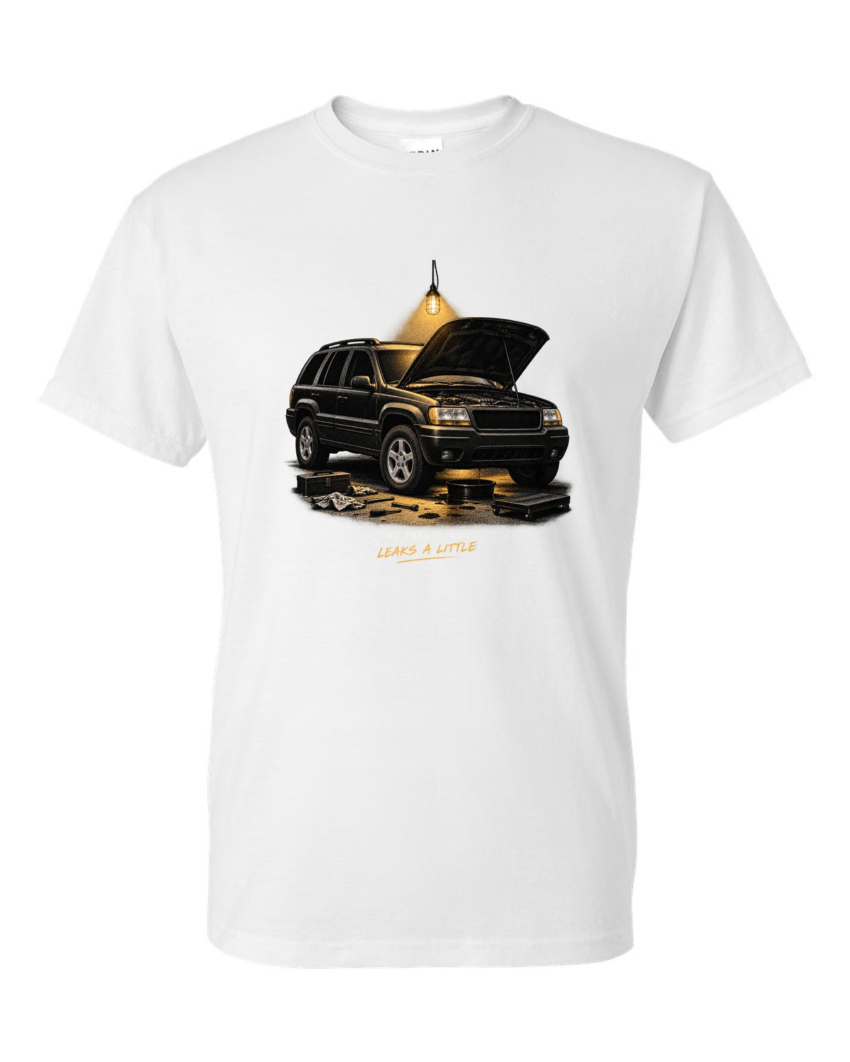 Jeep Grand Cherokee WJ in a night garage print with 1999 4x4 caption white t-shirt front view with the design