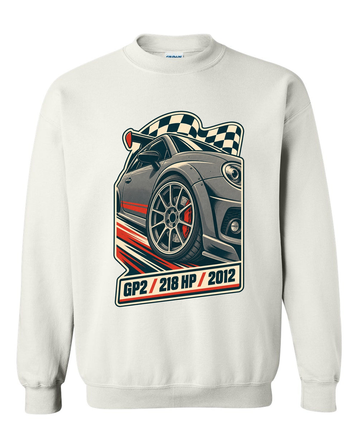 Vintage race poster of the Mini Cooper GP2 R56 with 218 HP and 2012 text white crewneck front view with the design