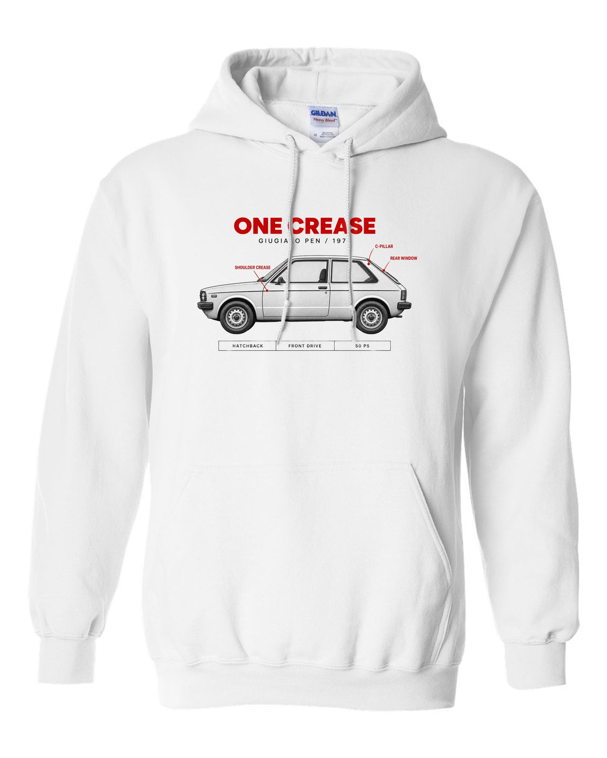 VW Golf Mk1 1974 Giugiaro Spec Poster print white pull over hoodie front view with the design